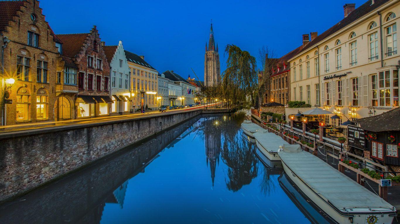 1366x768 Boudewijnkanaal In Bruges City In Belgium The Largest City In The Province Of West Flanders Best HD Desktop Wallpaper Free Download :