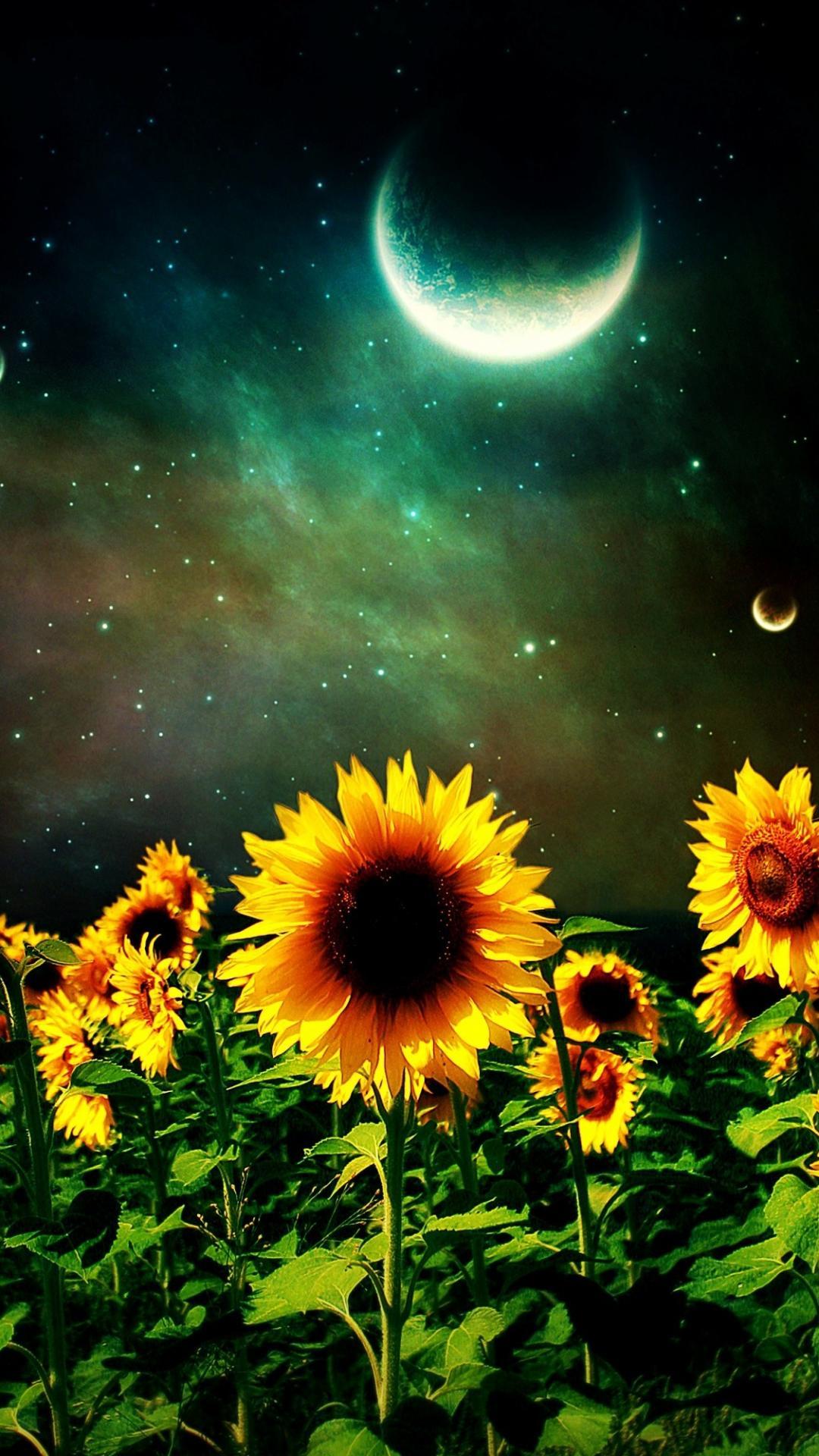 1080x1920 Sunflowers in the Moonlight