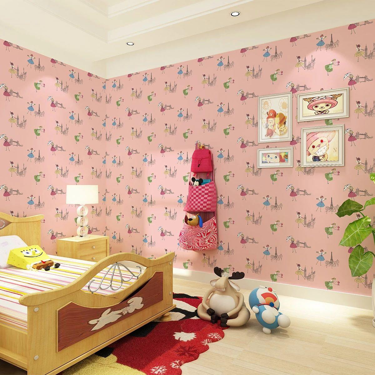 1200x1200 Simple Model Non woven Cute Girl Print Brand Designer Wallpaper Romantic Girl Bedroom Background Wall Pink paper Free ship. paper reflections. paper sheetbedroom