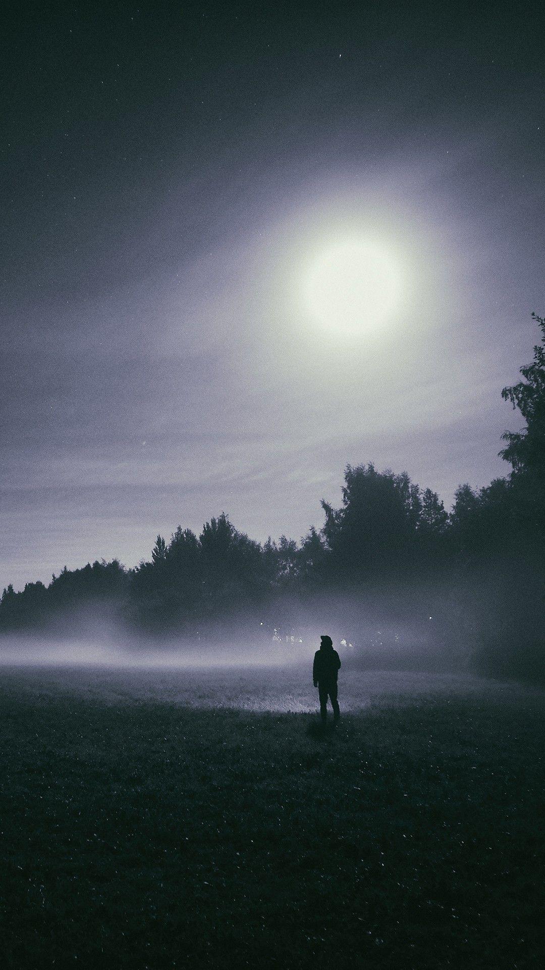 1080x1920 Foggy night Moon Wallpaper
