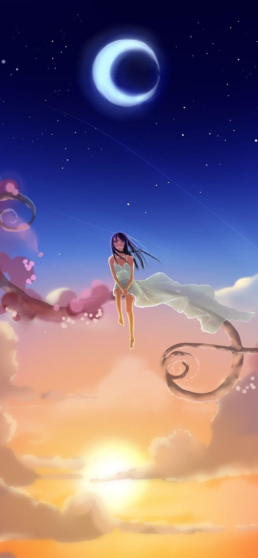 828x1792 Anime Girl, Sky, Moon, Sun, Clouds, Branches 828x1792 IPhone 11 XR Wallpaper, Background, Picture, Image