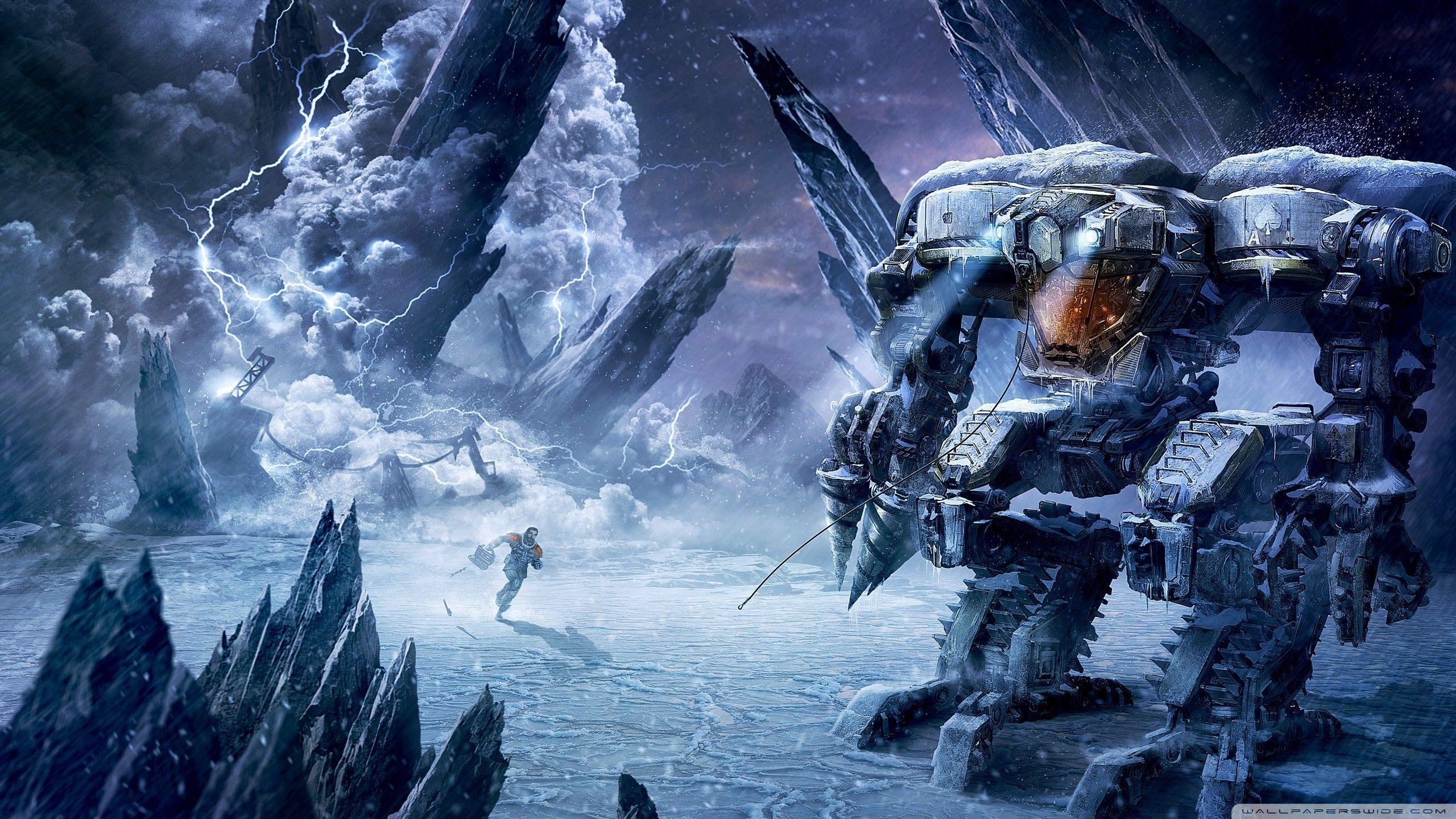 2560x1440 Lost Planet, Artwork, Fantasy Art, Storm, Post Apocalyptic, Robots, Winter Wallpaper