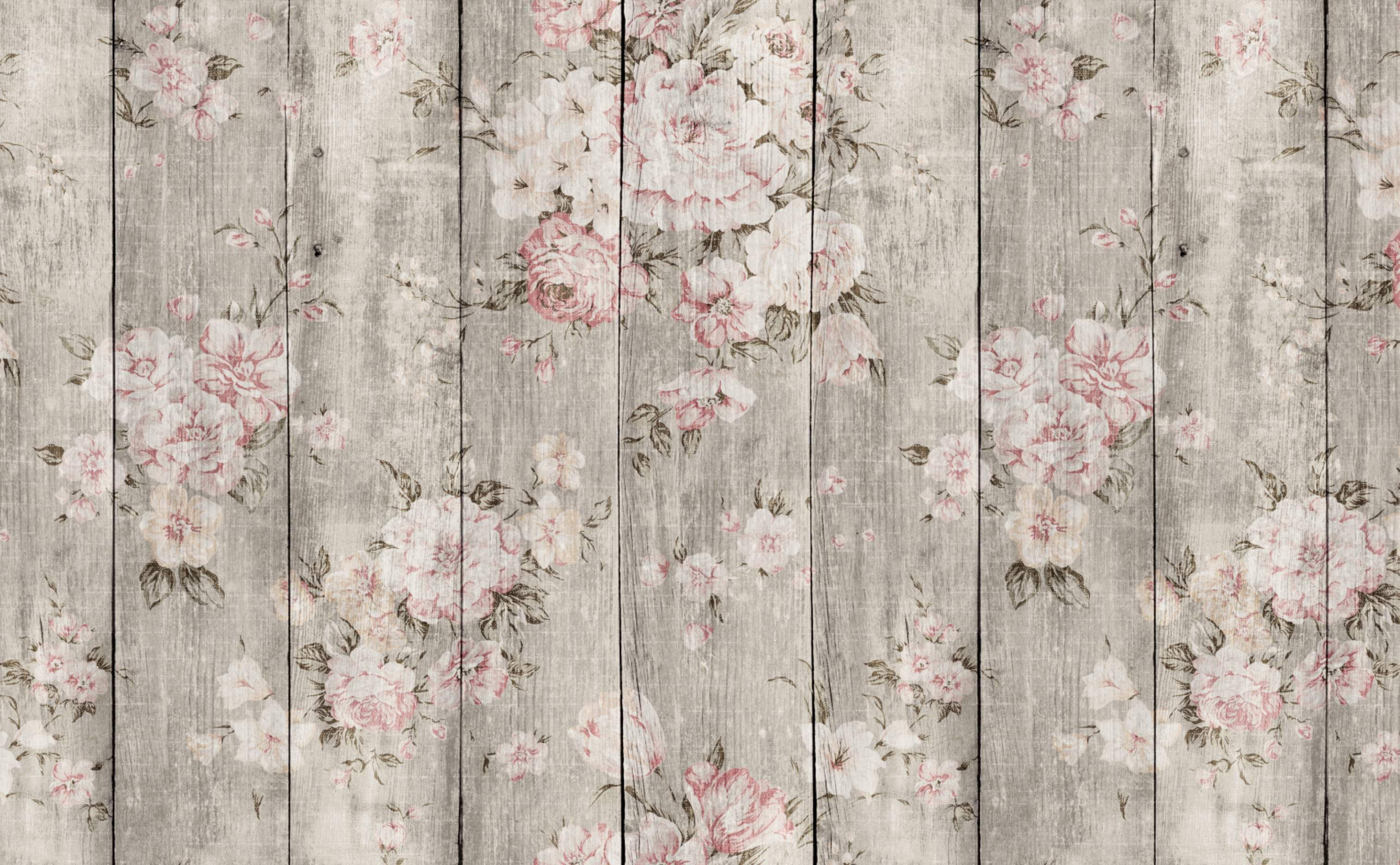 3028x1872 Vintage Boards With Flowers Wallpaper for Walls. Wood Texture Floral