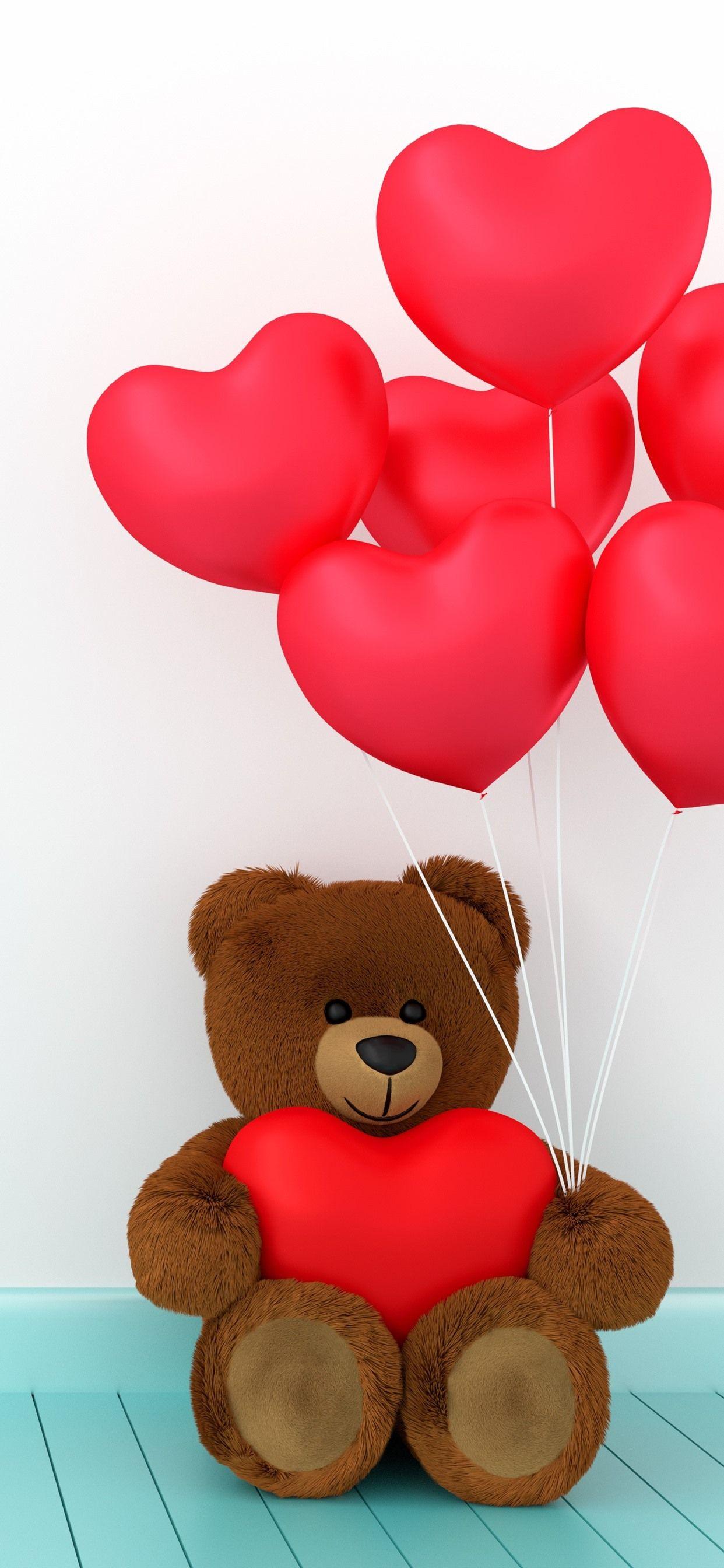 1242x2688 Wallpaper Teddy bear, red love hearts balloons, romantic 5120x2880 UHD 5K Picture, Image