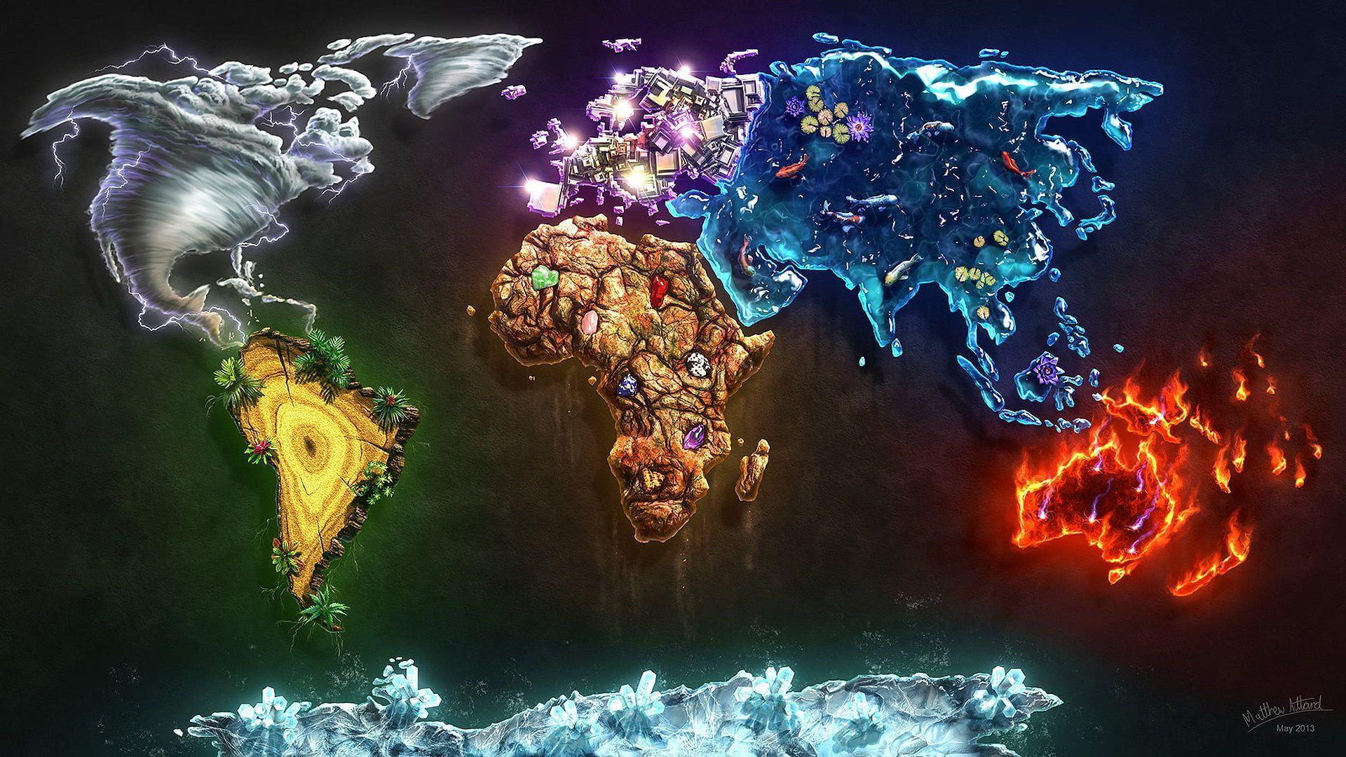 1920x1080 multicolored world map, assorted map decor #elements #water #Earth #map #fire #air #world #continents #ice #diamond. Abstract wallpaper, Abstract, Illustrated map