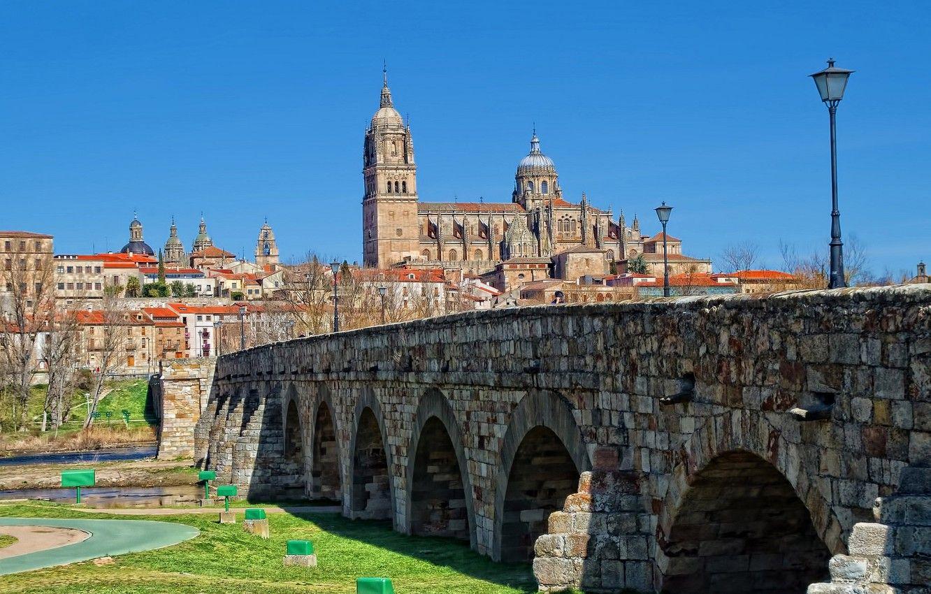 1332x850 Wallpaper bridge, river, home, Cathedral, Spain, Salamanca, Tormes image for desktop, section город
