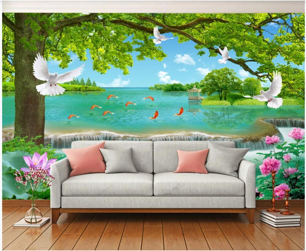 995x818 3D Wallpaper Custom Photo Mural Chinese Landscape Painting Lotus Waterfall Home Decor Living Room 3D Wall Murals Wallpaper For Walls 3 D From Shu $13.12