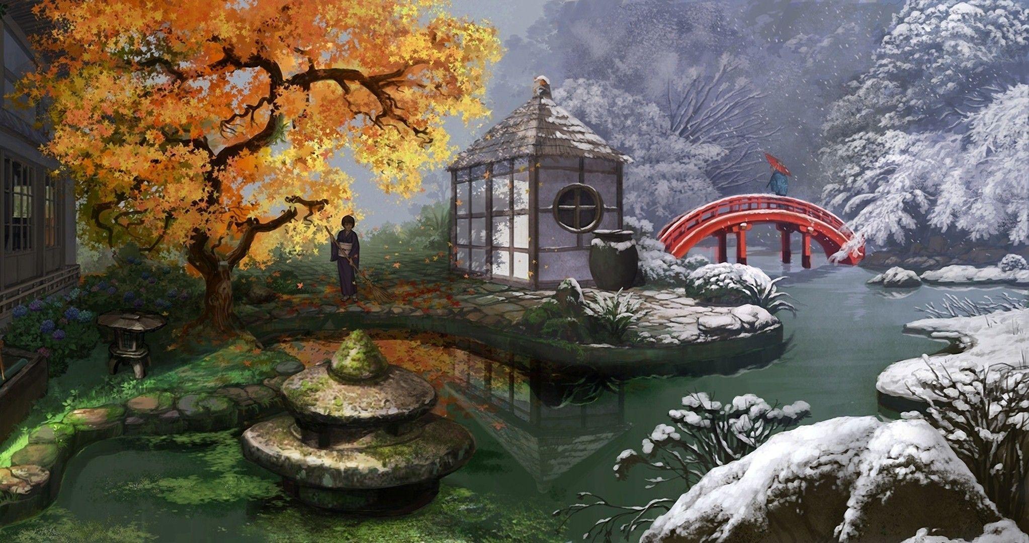 2046x1080 Beautiful Painting Wallpaper Of Nature Garden 4k HD Wallpaper