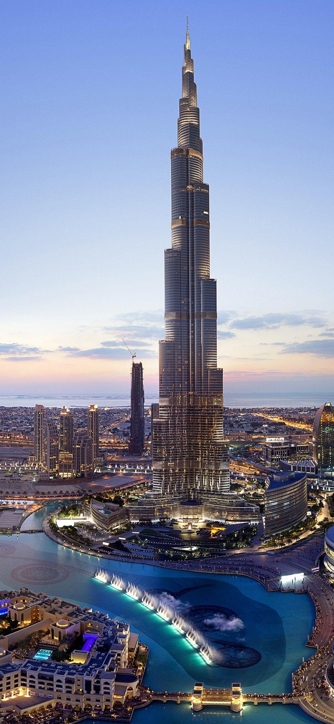 1125x2436 Burj Khalifa 4K Wallpaper, Dubai, Cityscape, Skyscrapers, Dusk, Clearsky, Sunset, Aerial view, World