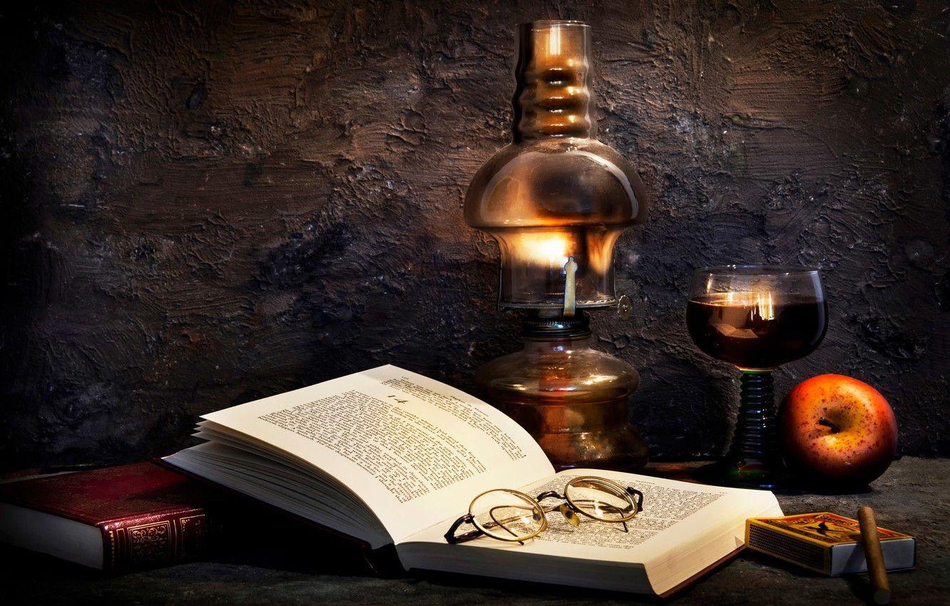 1332x850 Wallpaper books, lamp, Apple, glasses, Burning the midnight oil image for desktop, section стиль