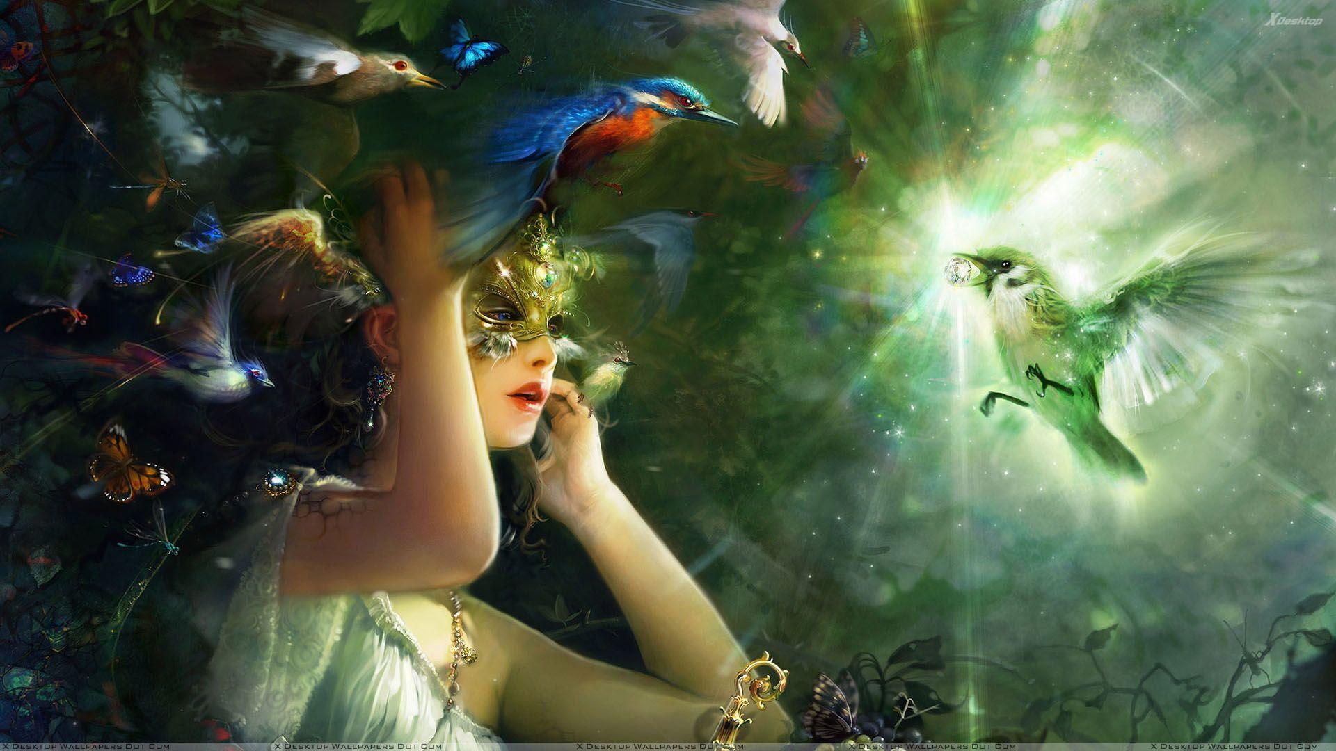1920x1080 3D Girl Side Pose And Colorful Bird On Head Wallpaper