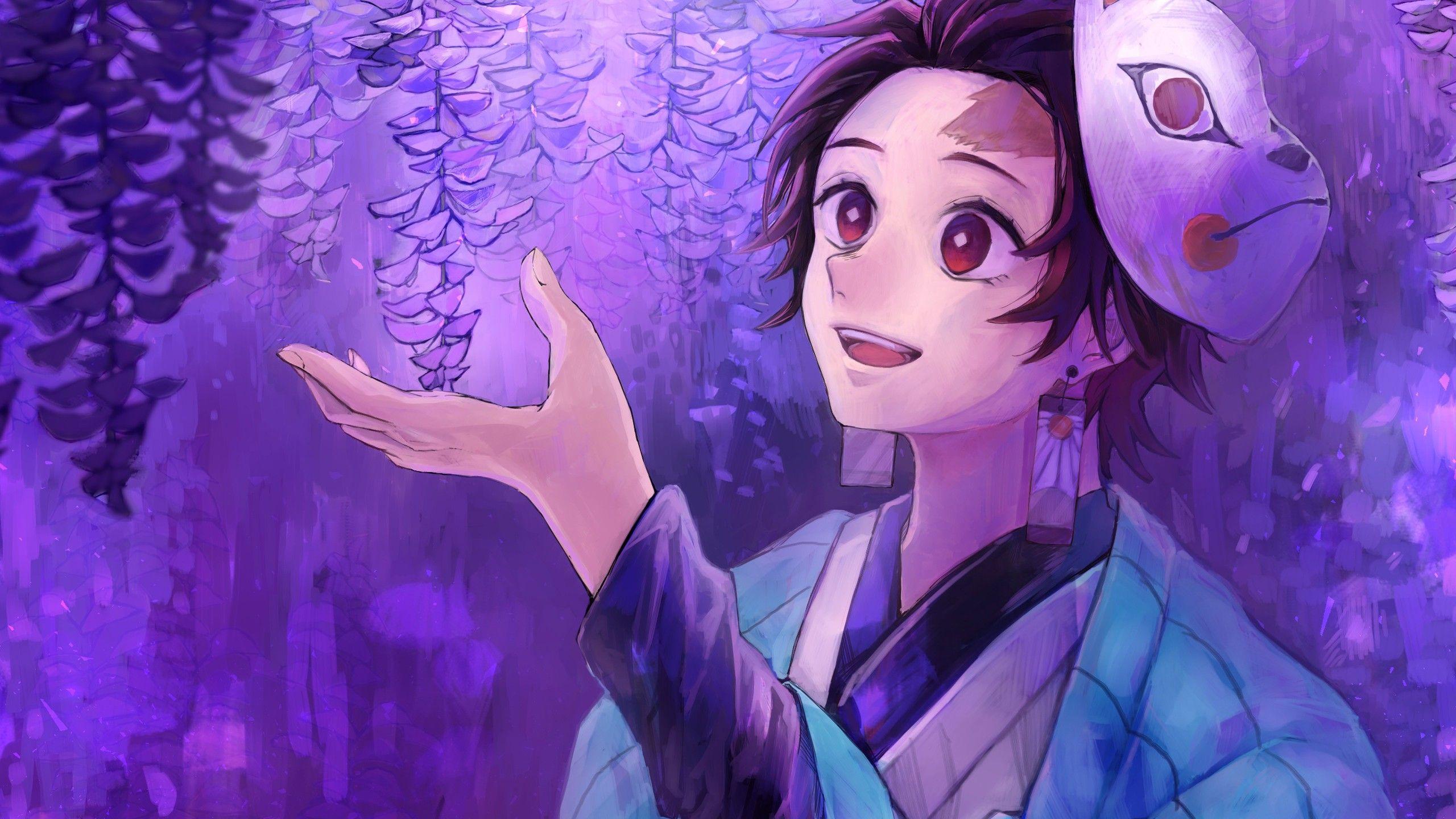 2560x1440 Demon Slayer Tanjirou Kamado With Black Hair And A Mask Enjoying Purple Flowers With Backgorund Of Purple Flowers HD Anime Wallpaper