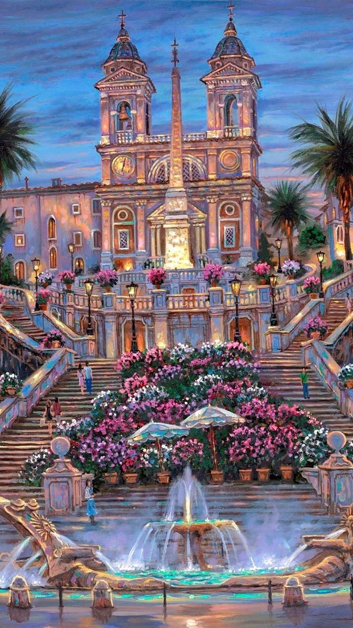 720x1280 stairs, rome, robert finale, painting, rome. the spanish steps, italy desktop wallpaper 2353