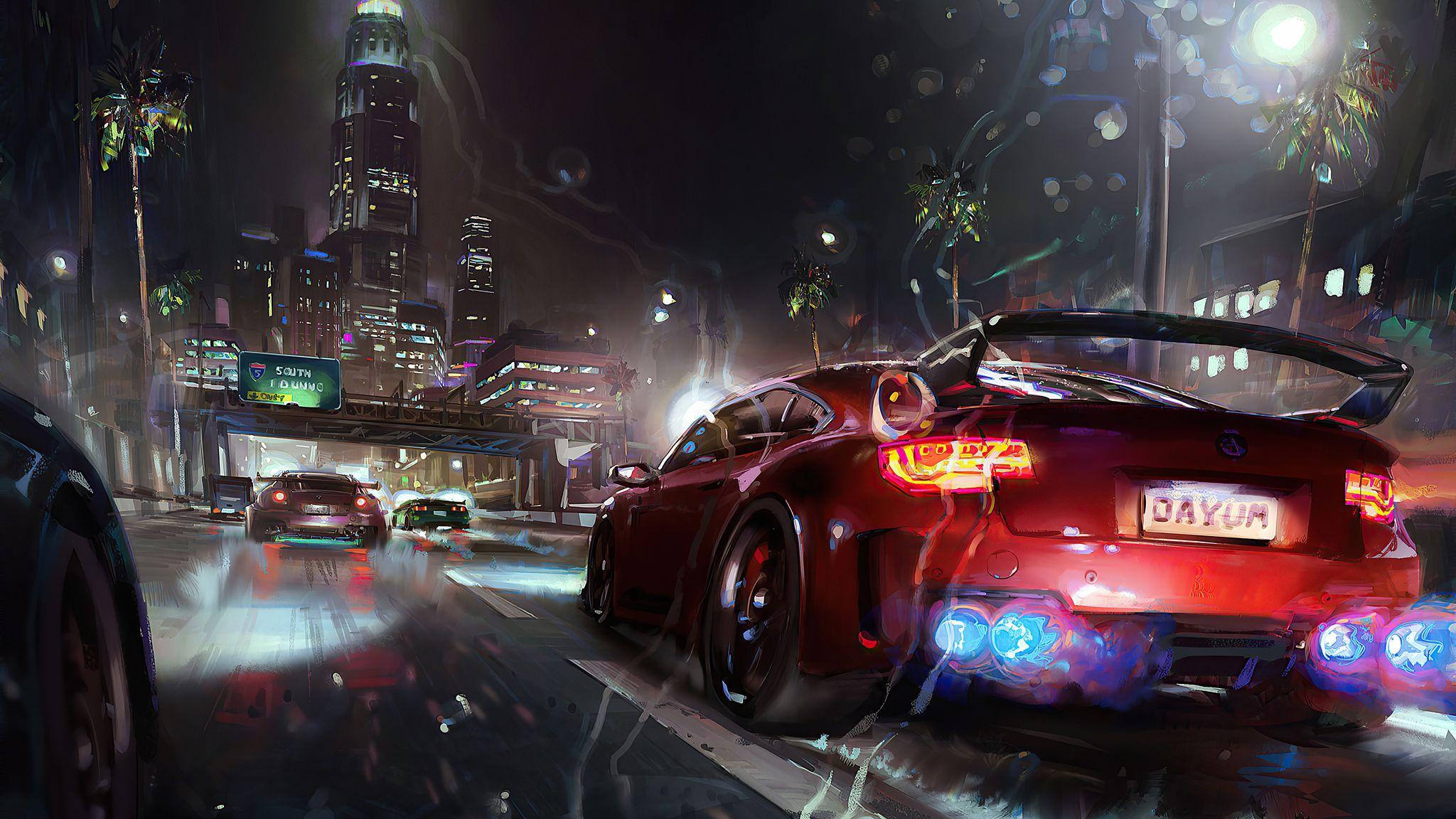 2048x1152 Red Sport Car City Rear View 4k 2048x1152 Resolution HD 4k Wallpaper, Image, Background, Photo and Picture