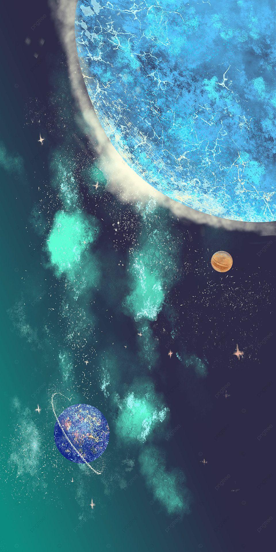 960x1920 Blue Green Watercolor Cosmic Mobile Phone Wallpaper, Universe, Planet, Phone Wallpaper Background Image for Free Download