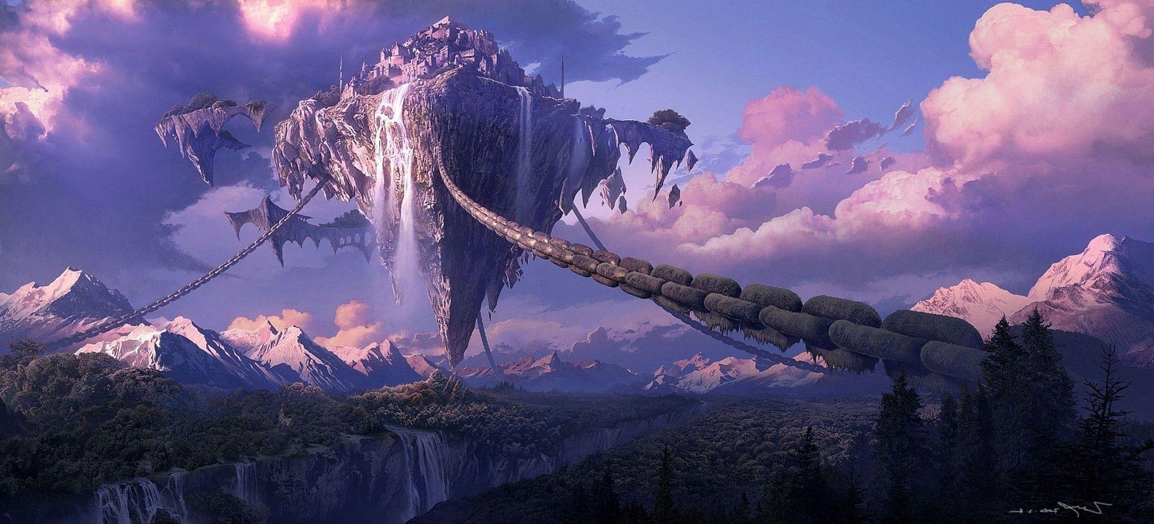 2379x1080 Art canyon city zhang yixin flying forest island mountain
