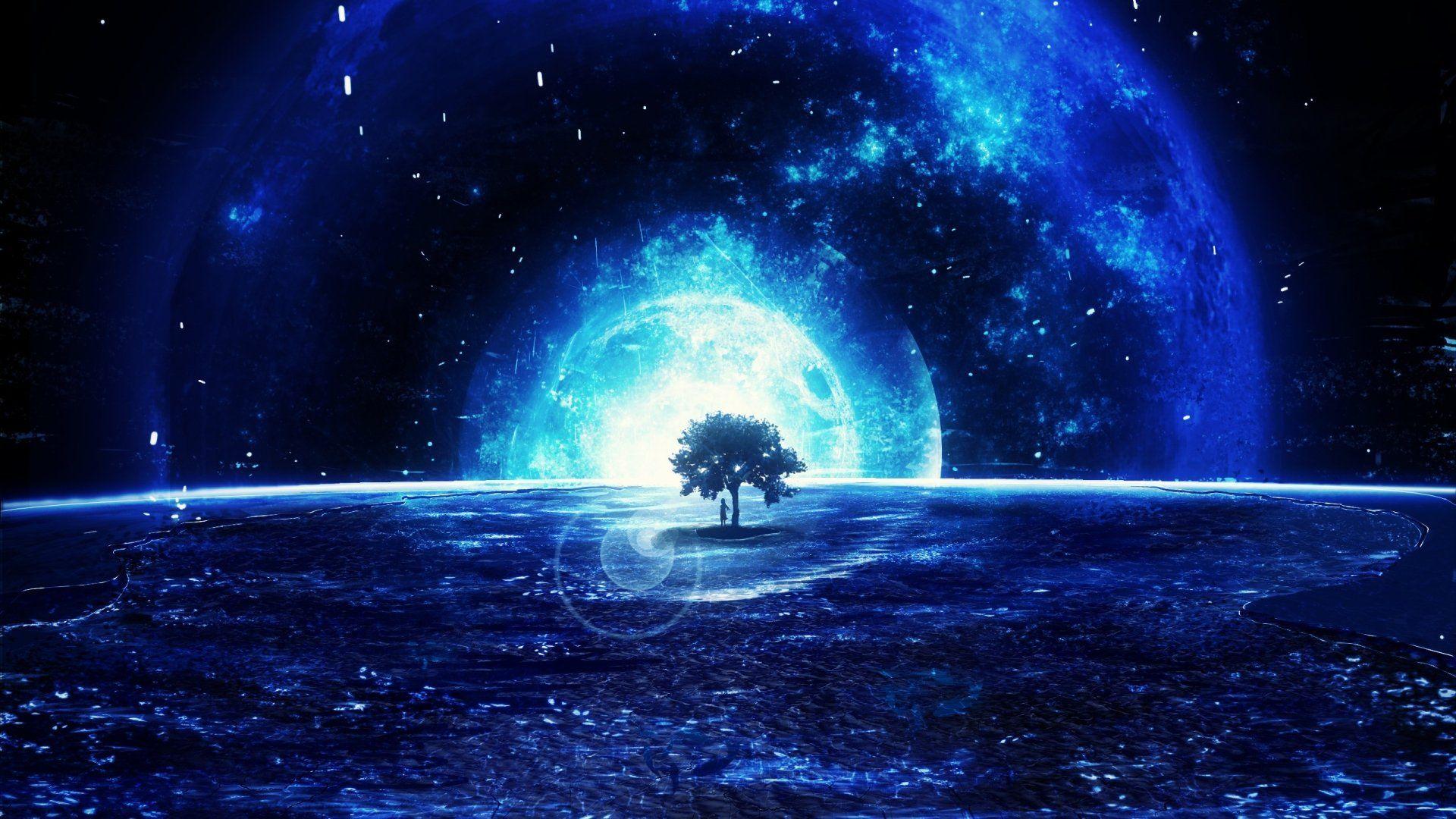 1920x1080 Anime Original Blue Tree Moon Girl Planet Wallpaper. Landscape wallpaper, Digital wallpaper, Landscape