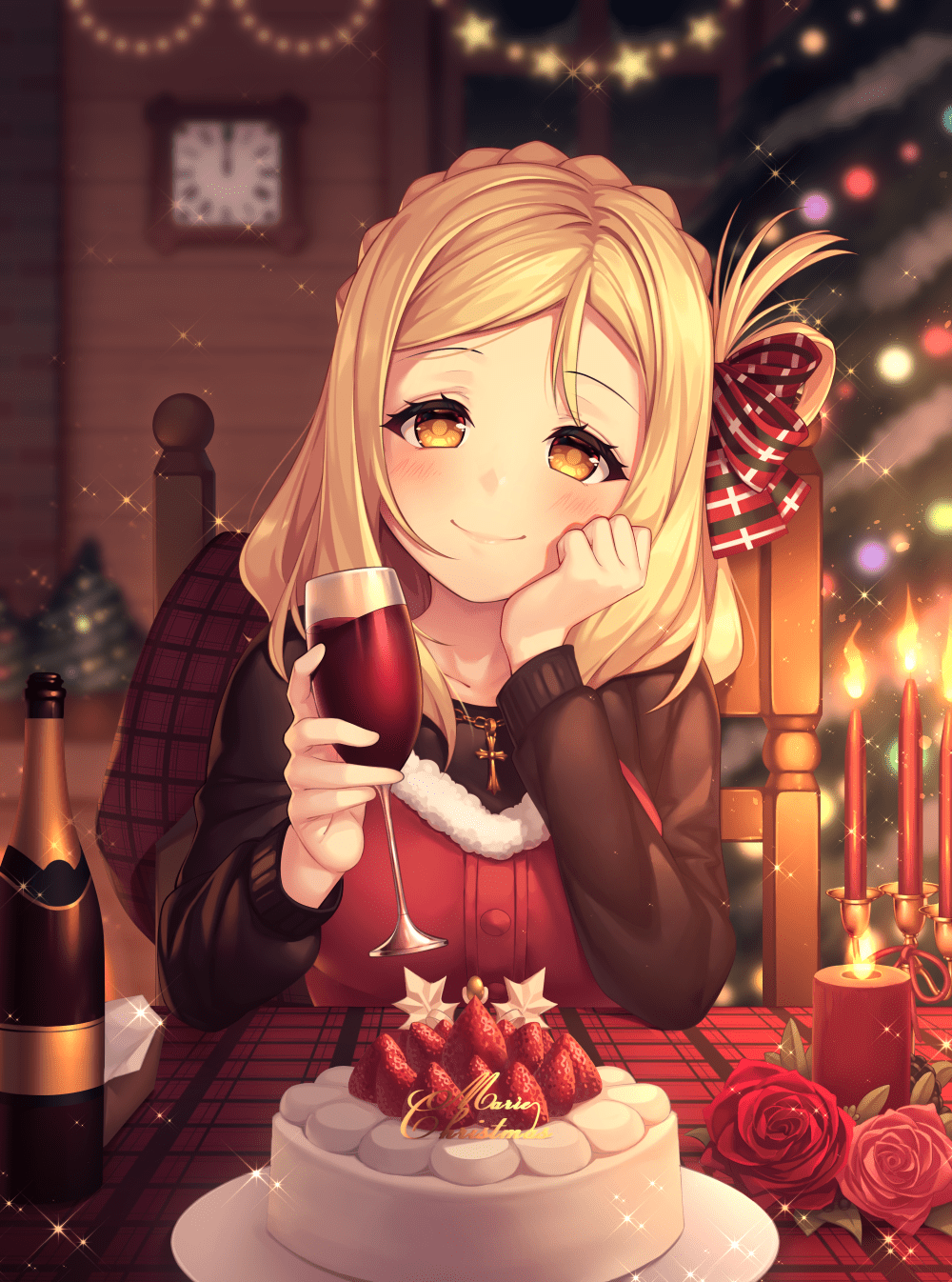 1000x1346 Anime Girls Anime Love Live Sunshine Blonde Bottles Wine Christmas Cake Necklace Candles Yellow Eyes Wallpaper:1000x1346
