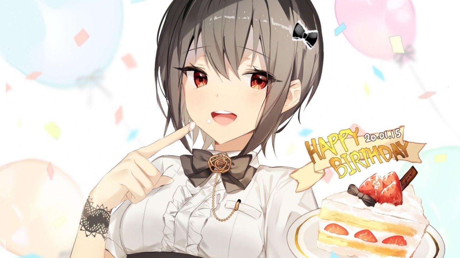 1600x900 Download 1600x900 Anime Girl, Happy Birthday Cake, Short Brown Hair Wallpaper