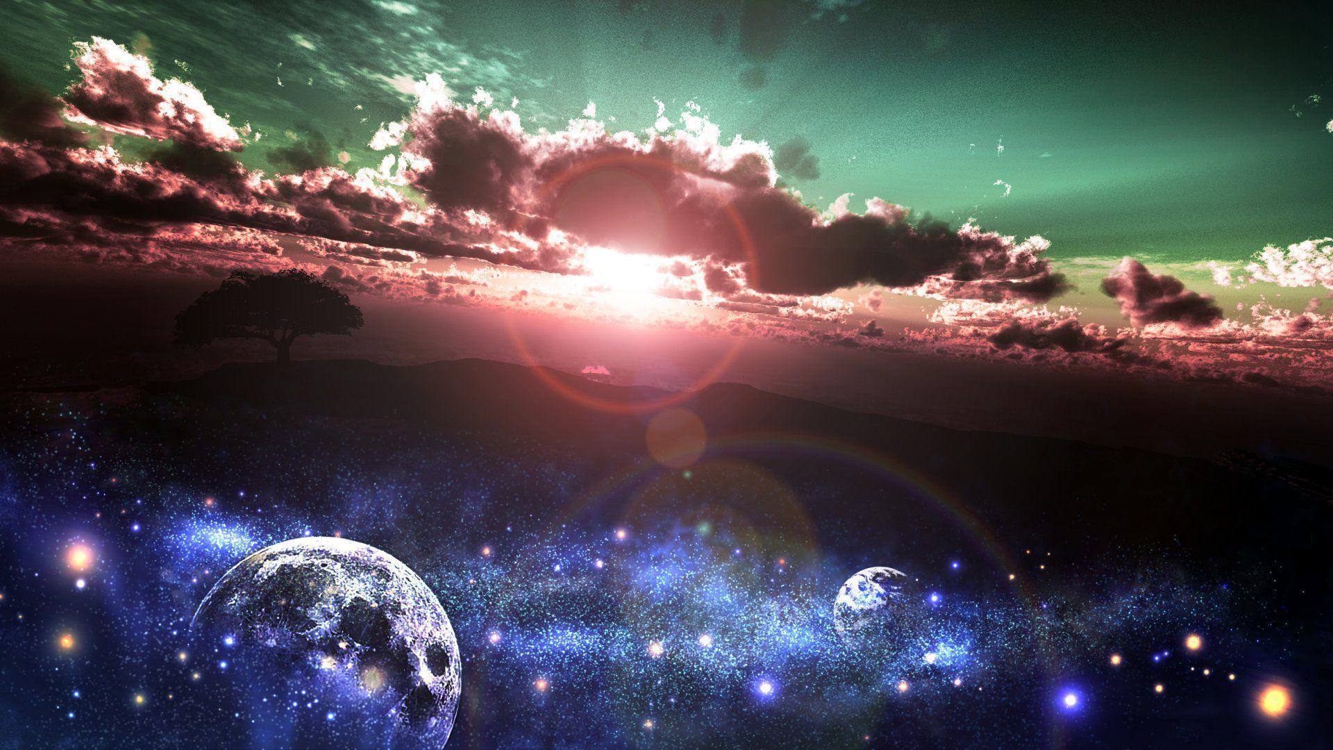 1920x1080 Anime Original Original (Anime) Space Sunrise Planet Sunbeam Cloud Sky Stars Blue Black Tree Wallpaper. Wallpaper space, Background image, Sun and clouds