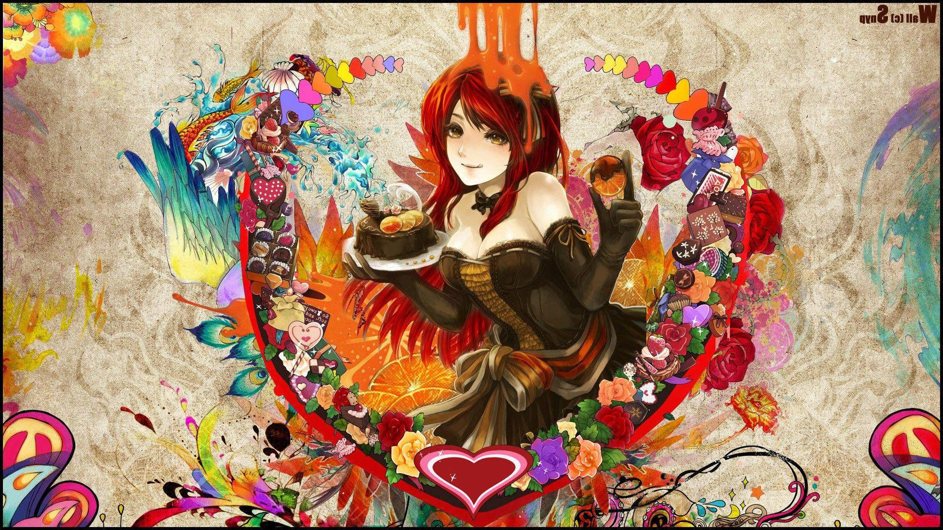 1920x1080 rose, Orange (fruit), Women, Anime, Cakes, Hearts, Colorful, Flowers, Original Characters, Redhead, Anime Girls, Snyp Wallpaper HD / Desktop and Mobile Background