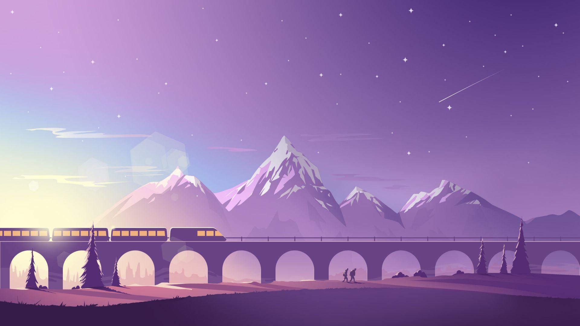 1920x1080 Desktop wallpaper train, bridge, mountains, minimalistic, digital art, HD image, picture, background, 0cfbc5