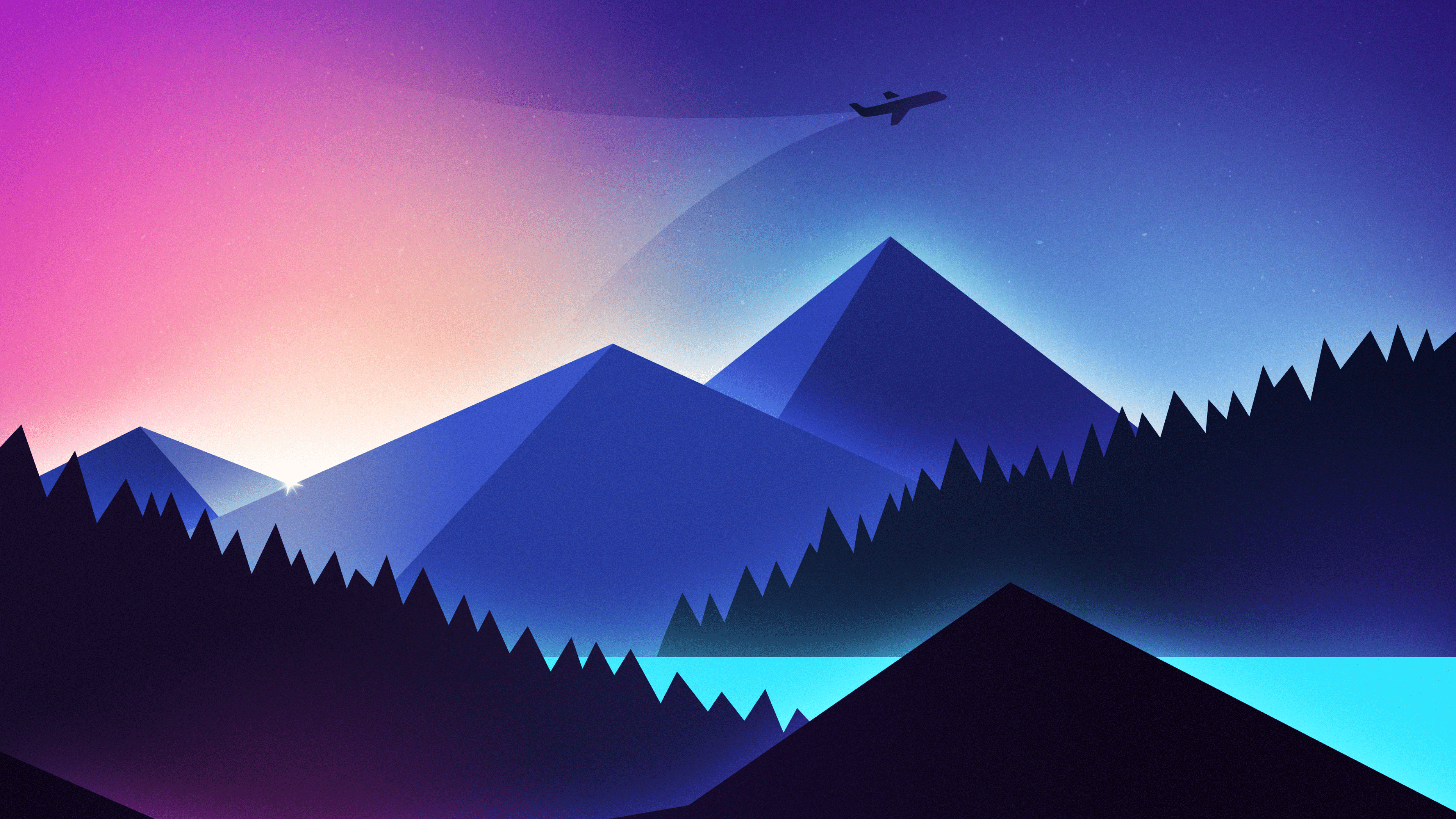 3840x2160 Mountains 4K Wallpaper, Illustration, Flight, Night, Sunset, Gradient background, Nature