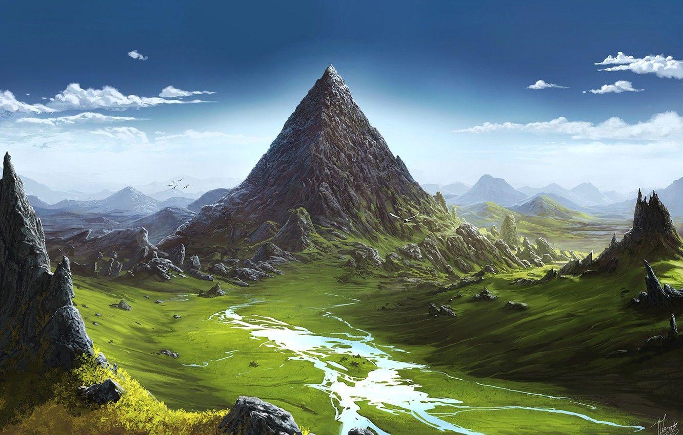 1332x850 Wallpaper Figure, Mountain, Art, Landscape, Mountain, Illustration, Environments, by Jarosław Marcinek, Jaroslaw Marcinek, House under Mountain image for desktop, section живопись