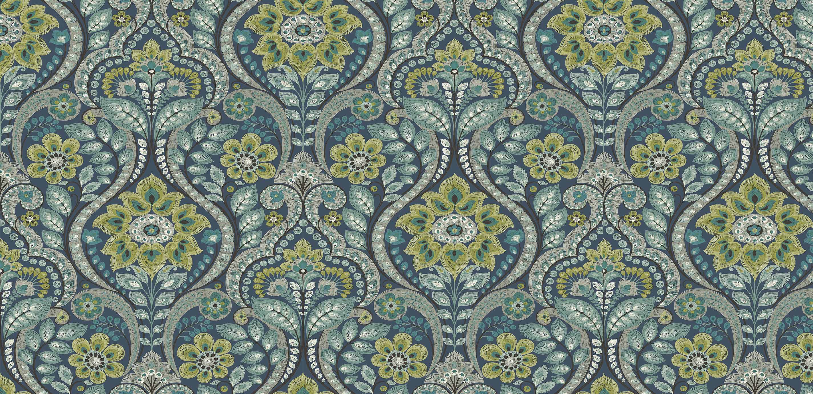 2850x1380 Night Bloom Vintage Floral Pattern Wallpaper
