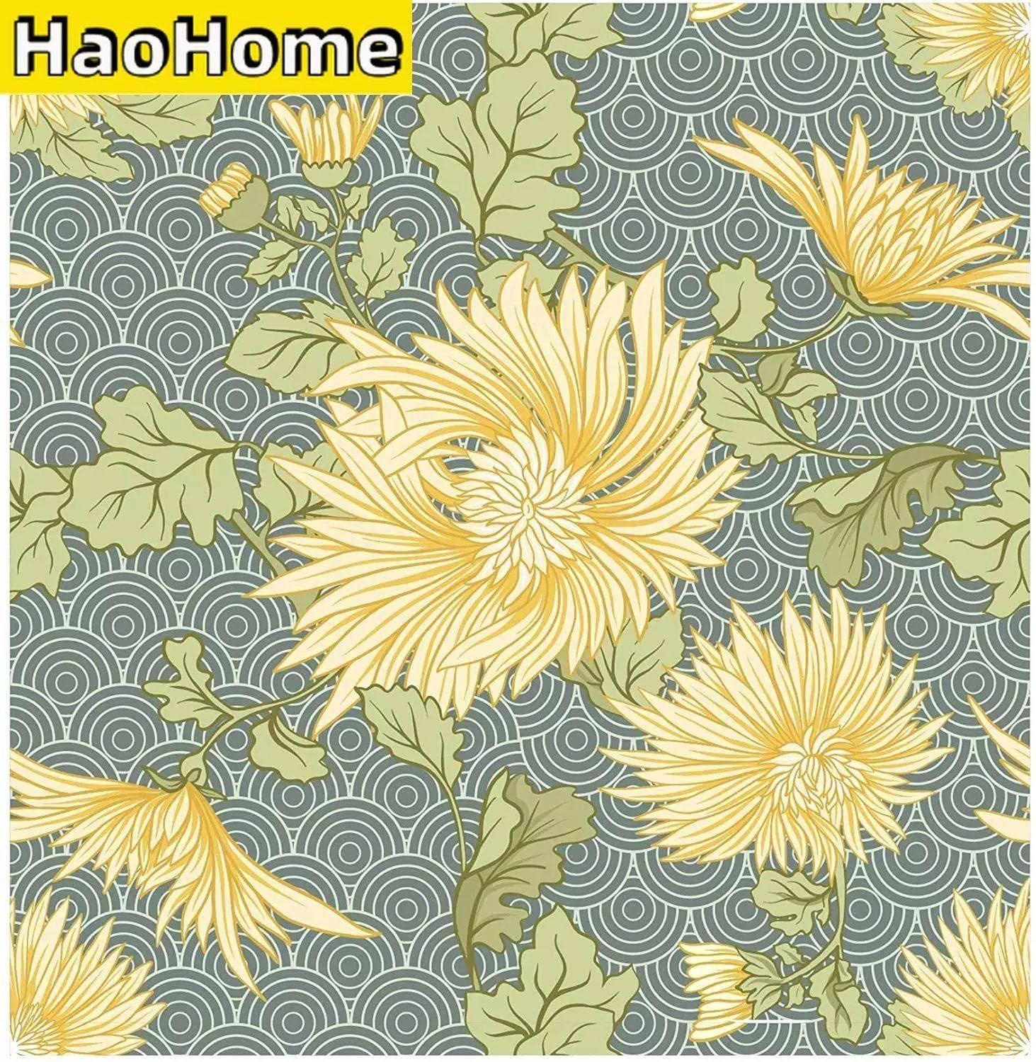 1463x1500 HaoHome Peel and Stick Handpainting Elegant Yellow Daisy Waves Self Adhesive Prepasted Wallpaper Wall Mural Furniture Stickers. Wallpaper