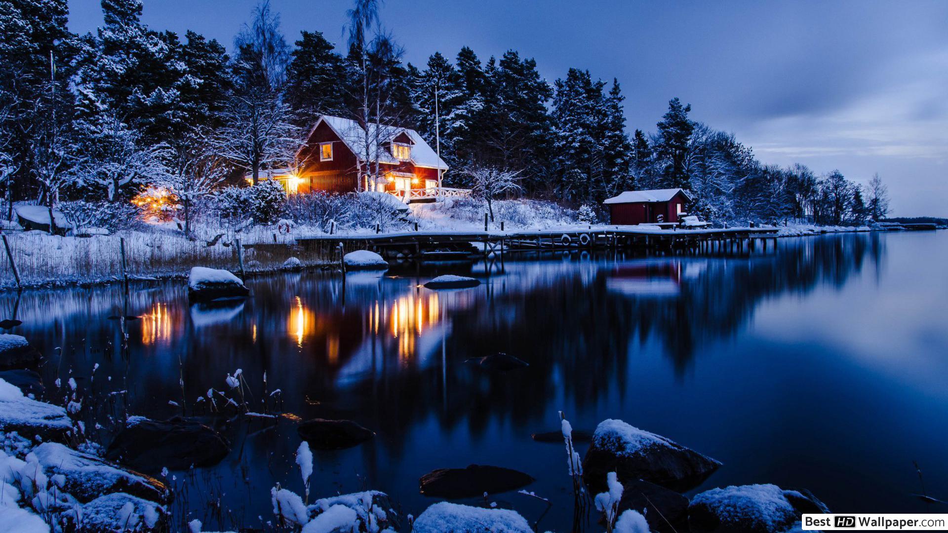 1920x1080 Lake house in winter HD wallpaper download