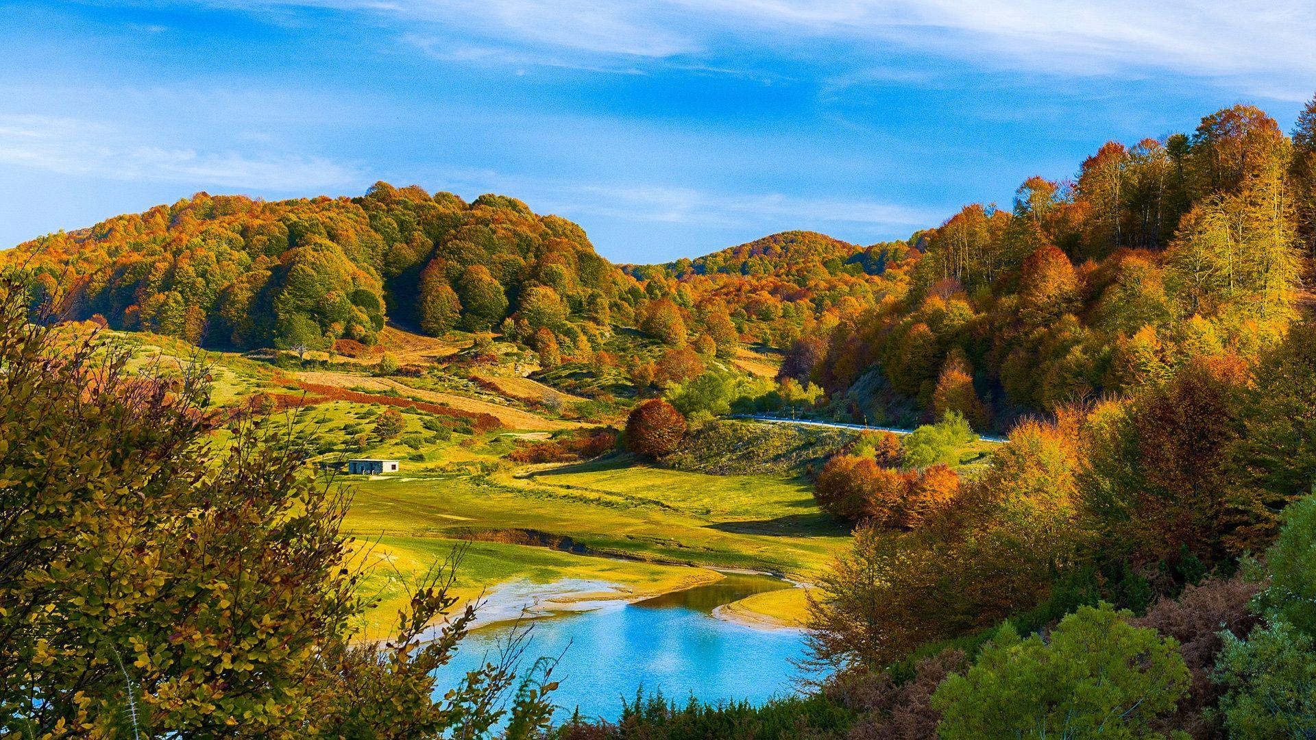 1920x1080 Wallpaper Autumn Scenery, Hills, Forest, Lake, House Autumn Forest Lake HD Wallpaper