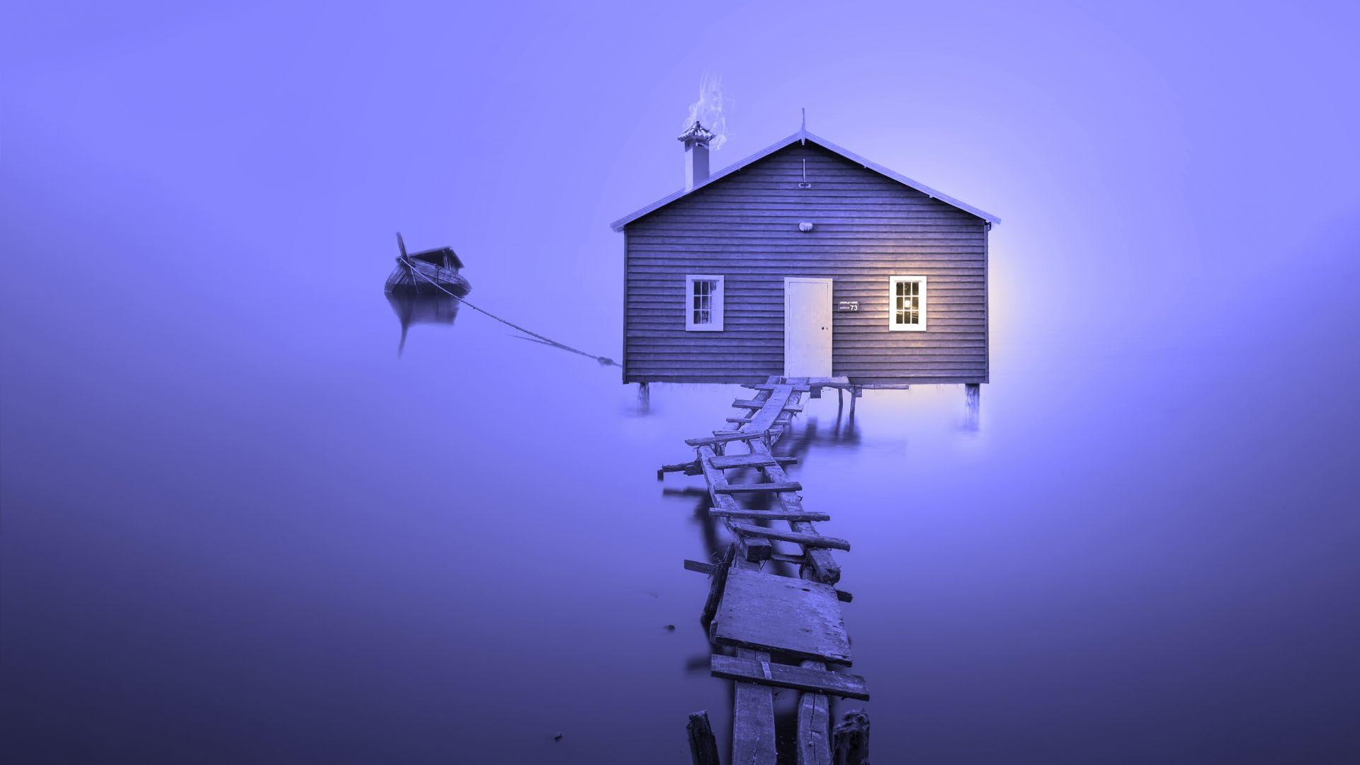 1920x1080 Desktop wallpaper lake, house, boat, broken birdge, violet, foggy day, minimal, HD image, picture, background, 9d9f6b