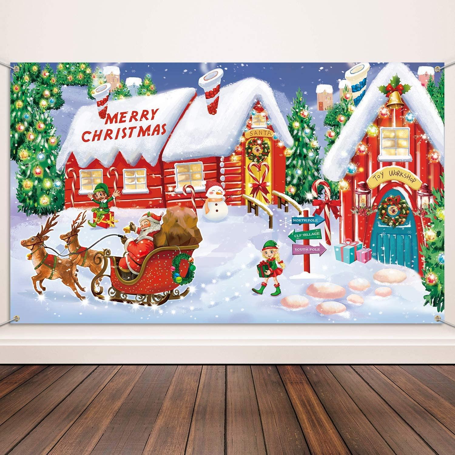 1500x1500 Christmas Decoration Supplies, Extra Large Fabric North Pole Wall Scene Setters for Christmas Decoration, Merry Christmas Banner Santa's Village Photo Booth Backdrop Background Banner: Toys & Games