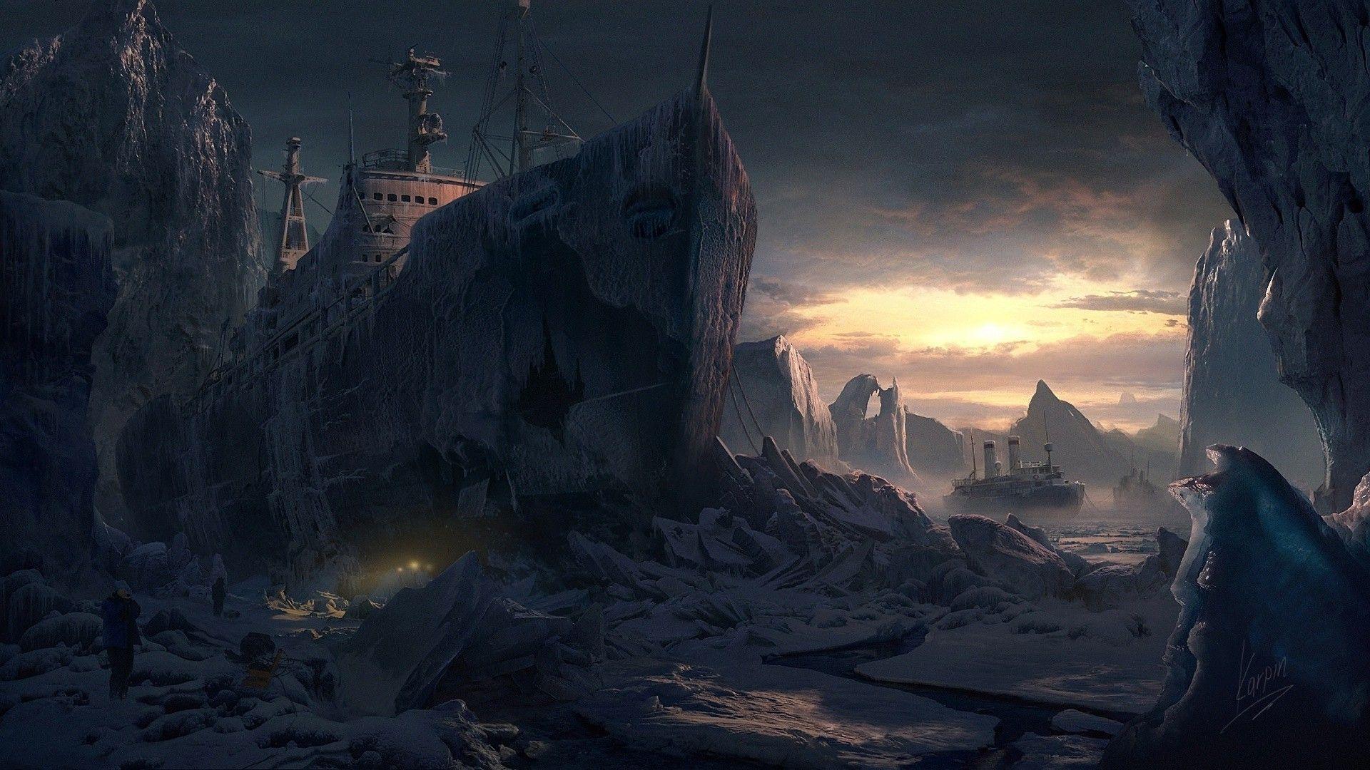 1920x1080 sunsets, ice, mountains, ships, artwork, drawings, north pole wallpaper