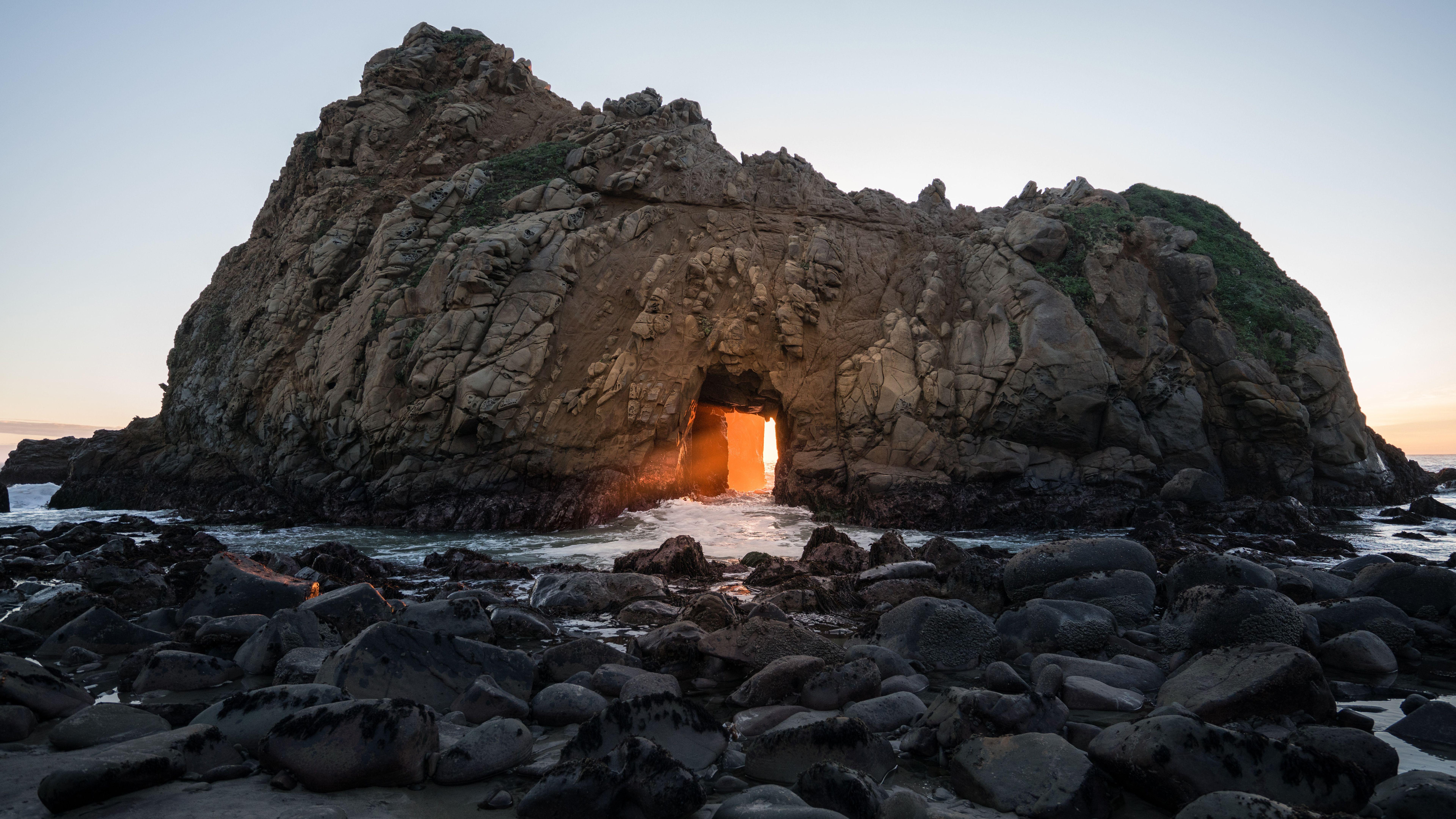 7680x4320 Wallpaper For Computer Black Rocks With Small Cave In Front Of Ocean During Day Time 4K 8K HD Desktop Wallpaper