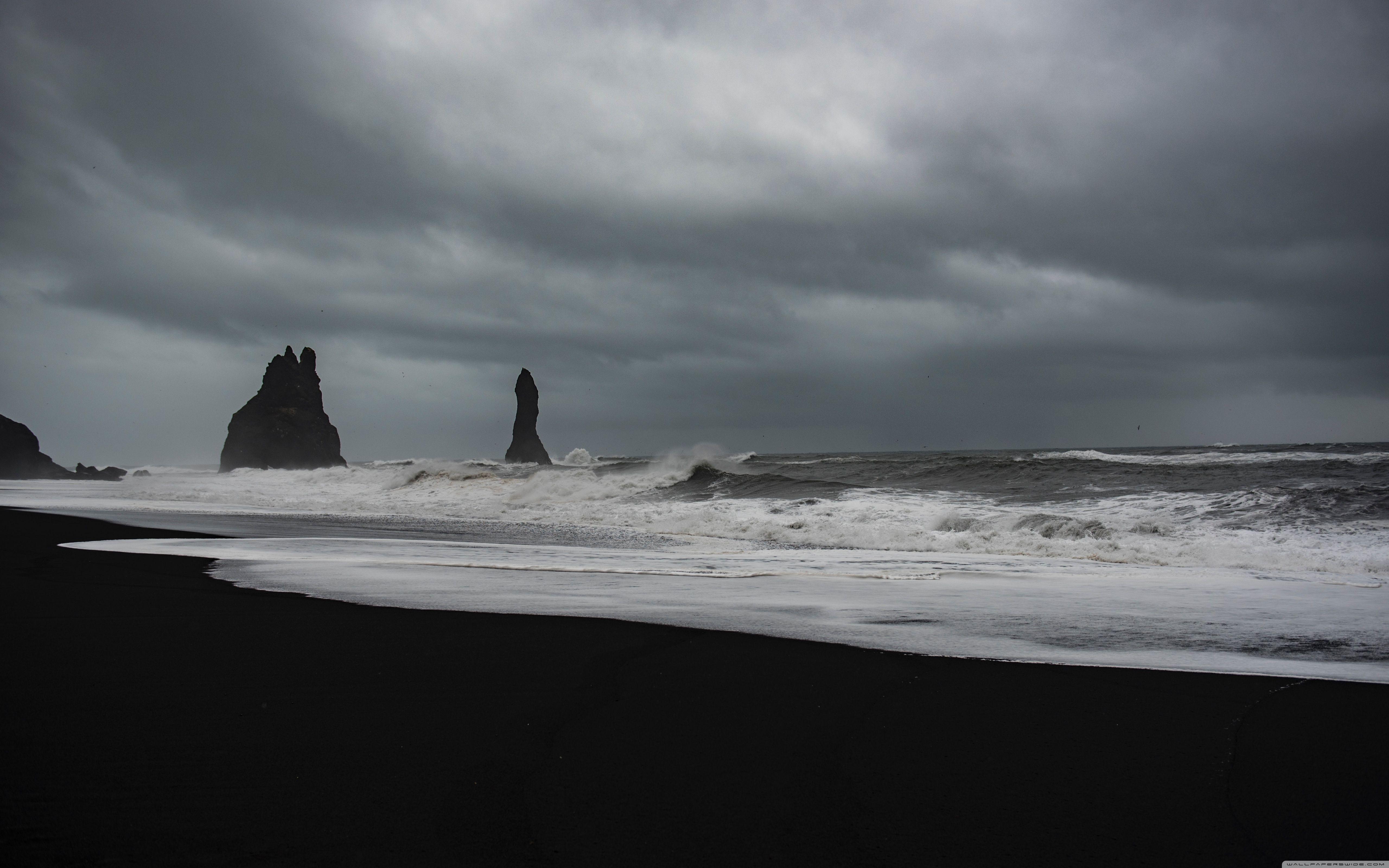 5120x3200 Download Stormy Weather, Waves, Black Sand Beach, Rocks UltraHD Wallpaper