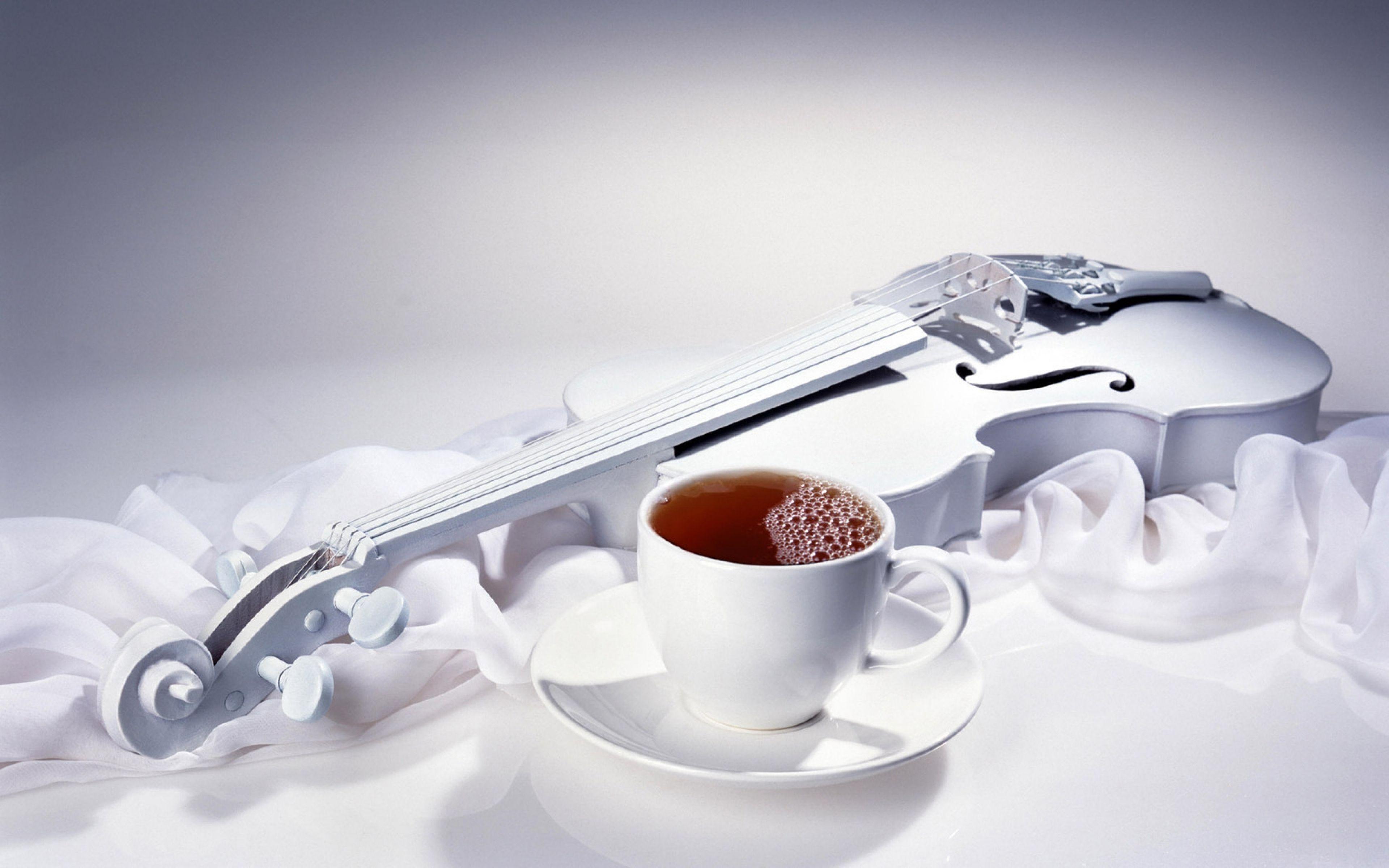 3840x2400 white violin and tea cup, Coffee wallpaper, New wallpaper download