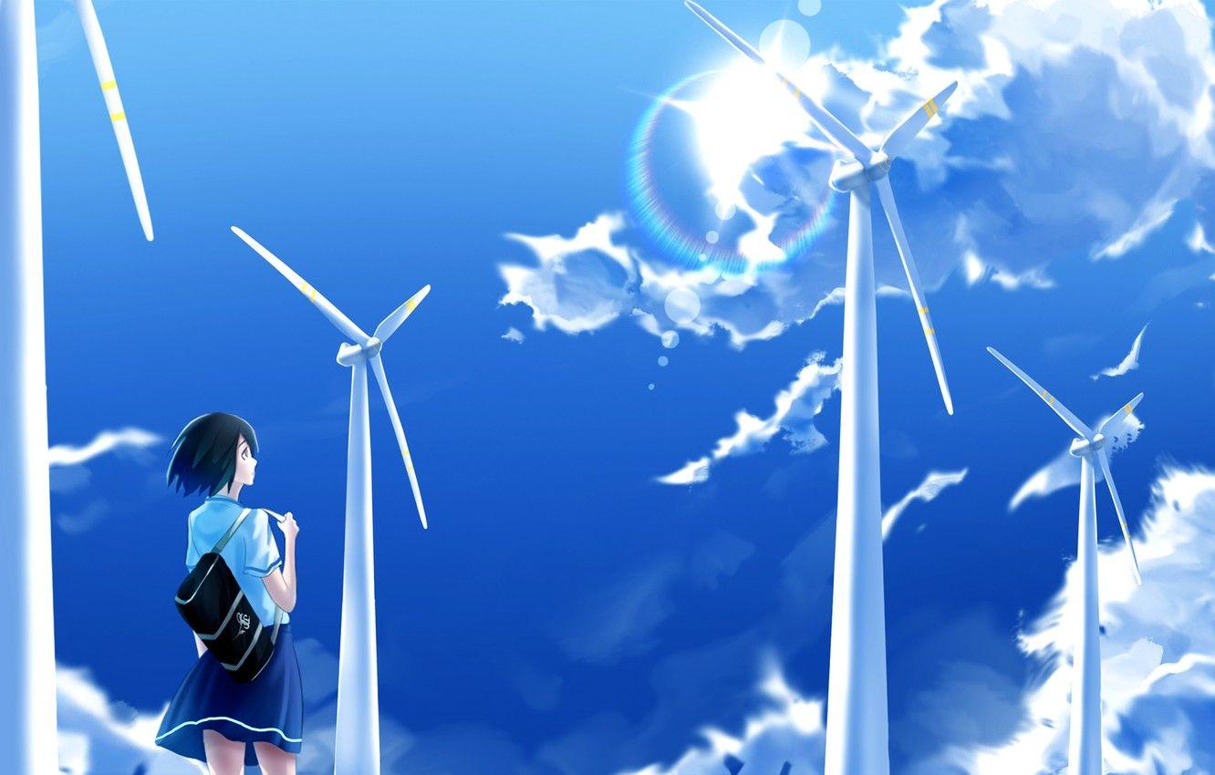 1332x850 Wallpaper the sky, girl, clouds, wind turbines image for desktop, section арт