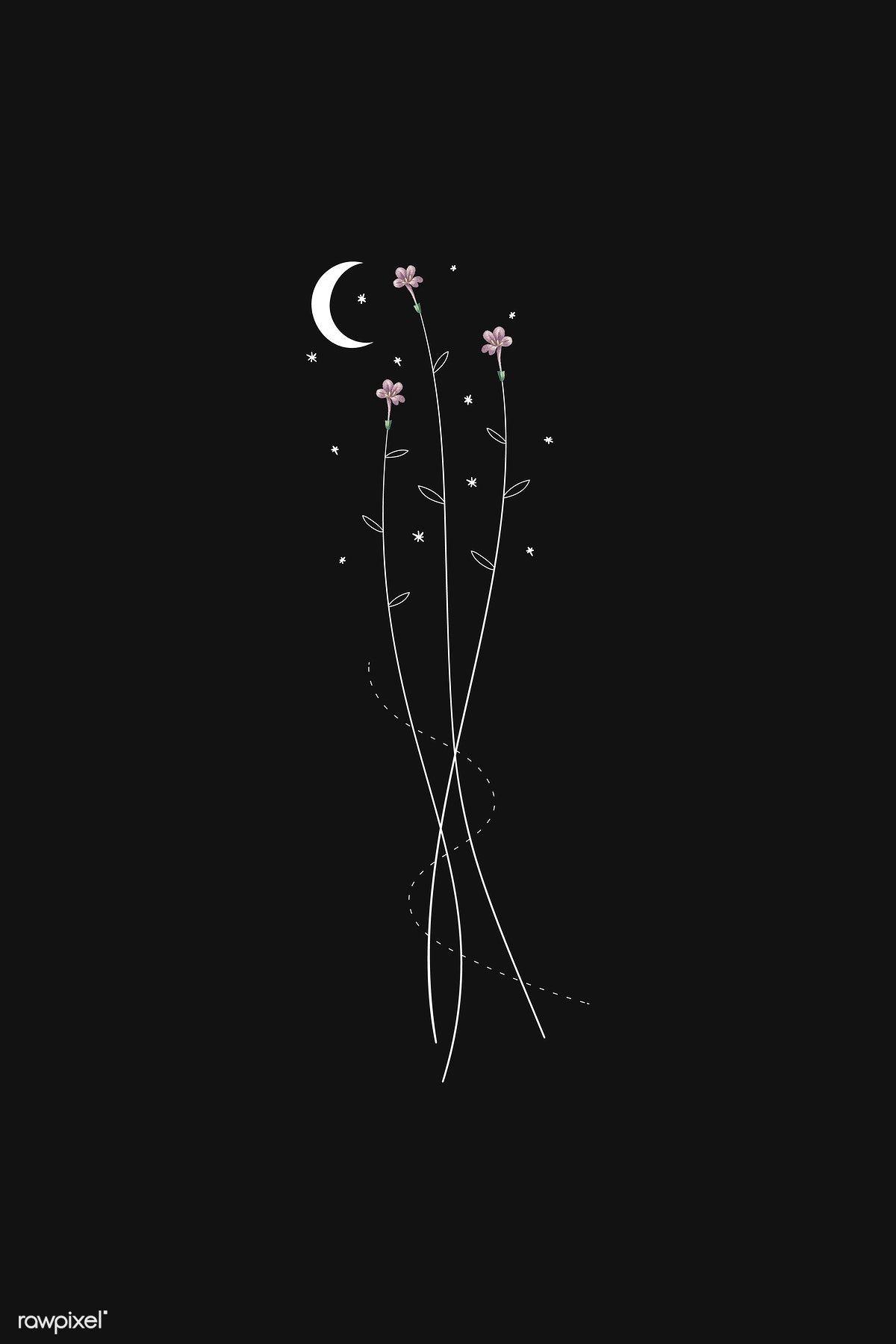 1200x1800 Download premium vector of Flowers and a moon on a black background vector. Black aesthetic wallpaper, Cute black wallpaper, Black phone wallpaper
