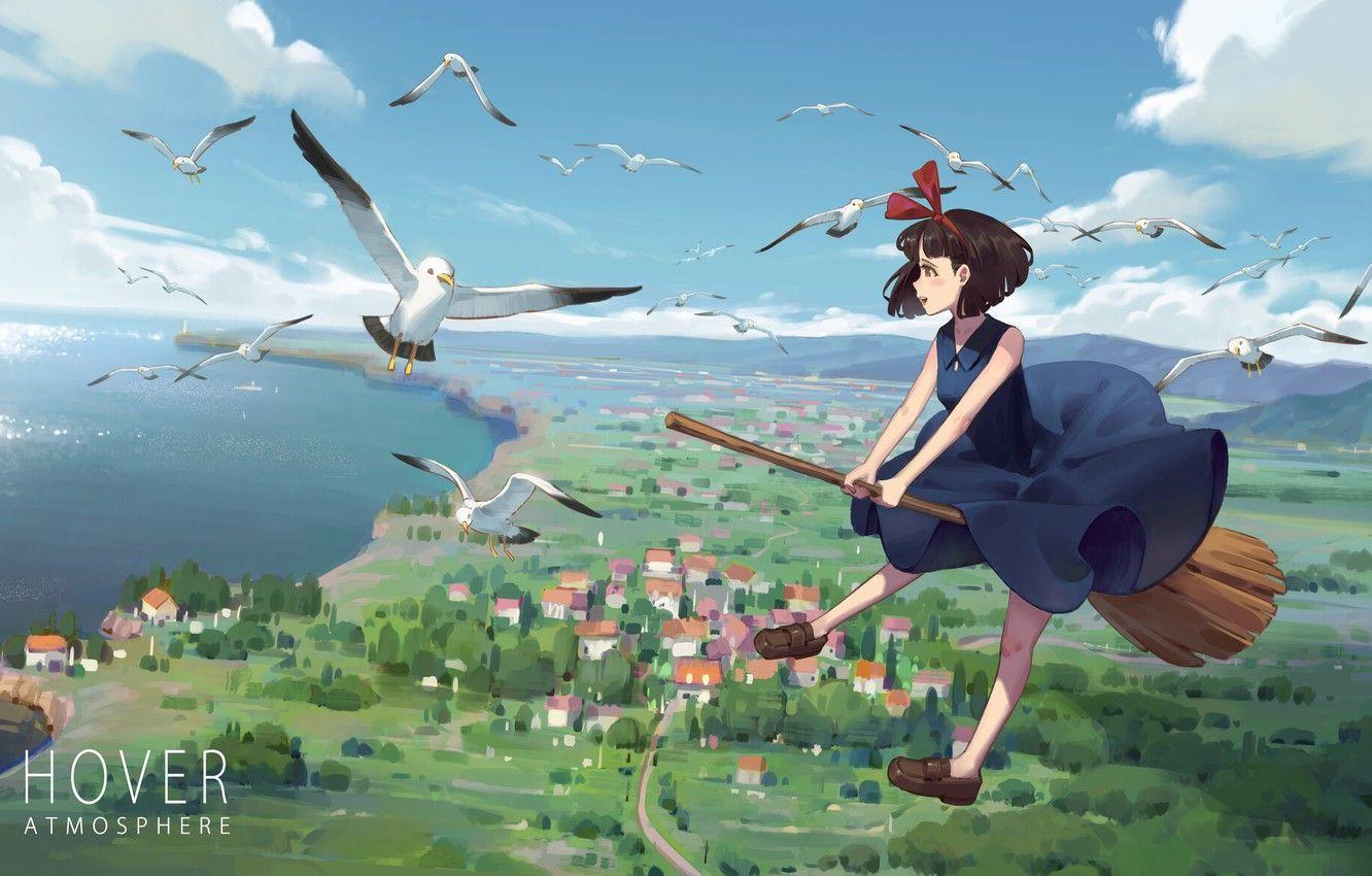 1332x850 Wallpaper birds, girl, broom, in the sky, Kiki, Kiki's Delivery Service image for desktop, section сёдзё
