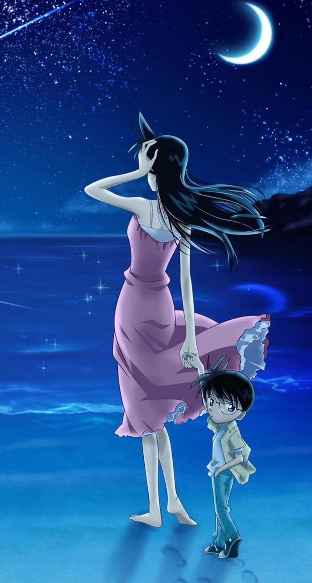1028x1920 Ran & Conan enjoy the moonlit beach together. Even so small, Shinichi looks very protective of his. Detective conan wallpaper, Detective conan, Anime wallpaper