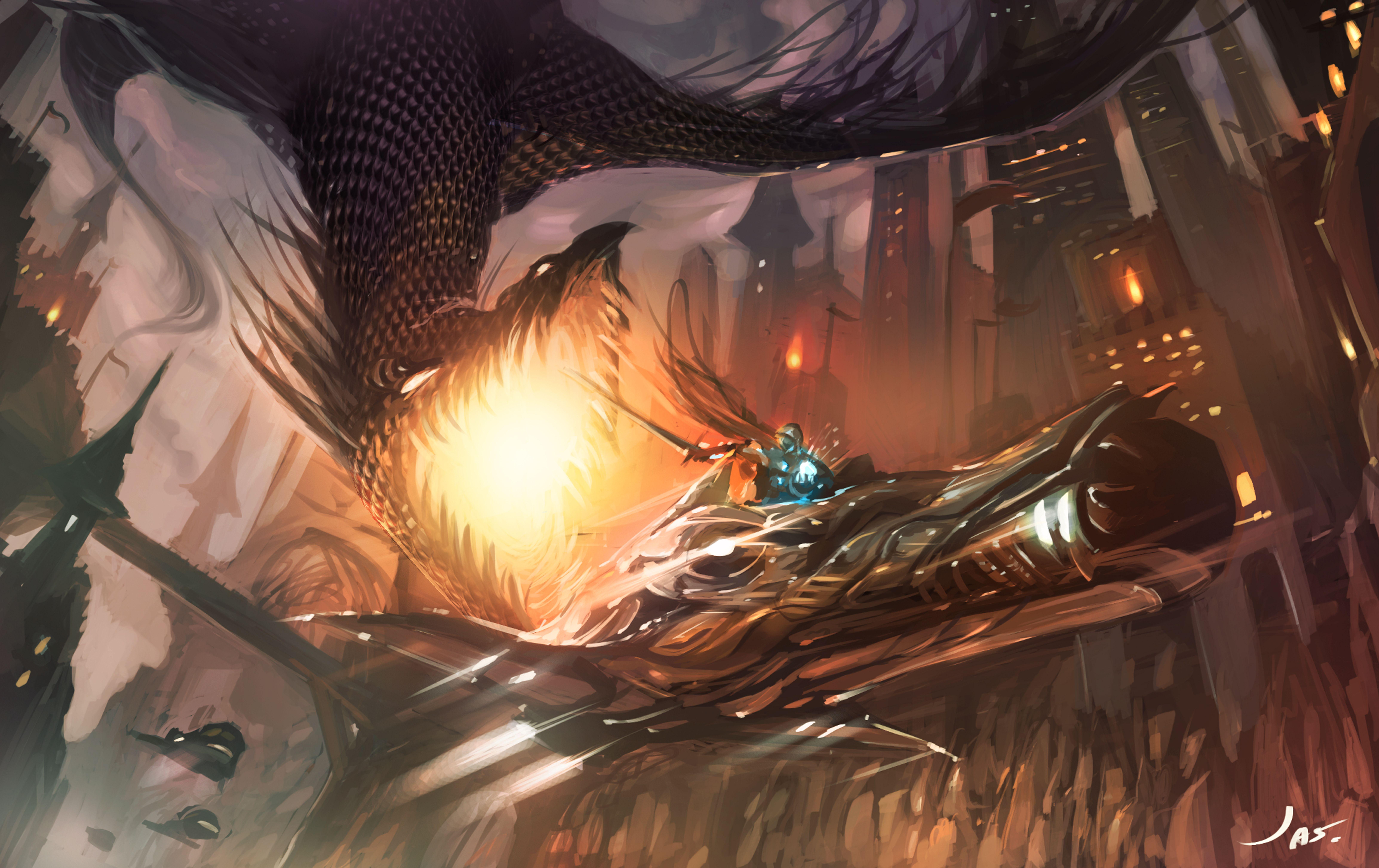 9237x5817 Dragon Knight City Dragon Attack Wallpaper:9237x5817