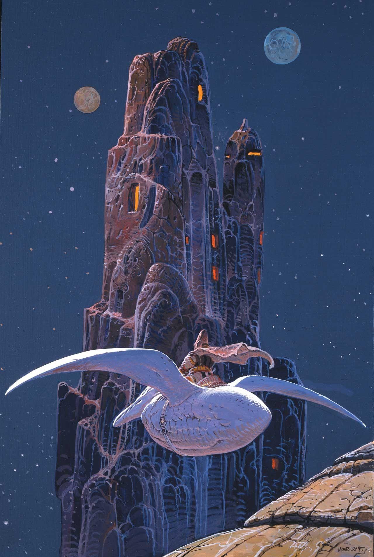 1280x1906 #birds, #Mœbius, #stars, #Moon, #nature, #flying, #arzach, #fantasy art, #men, #portrait display, #psychedelic, #Jean Giraud, #mountains, #pelicans, #rock, #digital art, wallpaper. Mocah HD Wallpaper