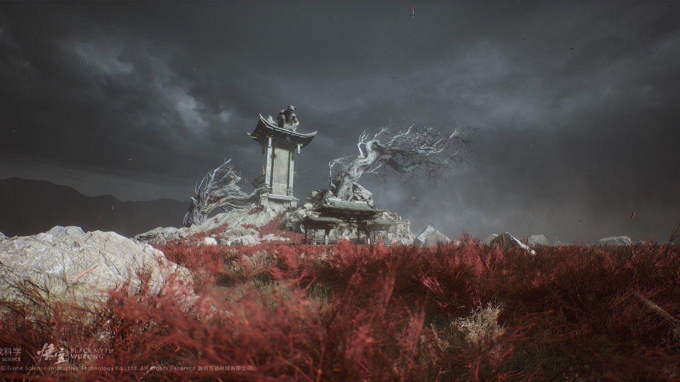 1366x768 Download 1366x768 Black Myth: Wukong, Ruins, Darkness, Old Tree, Beautiful Environment, Game Landscape Wallpaper for Laptop, Notebook