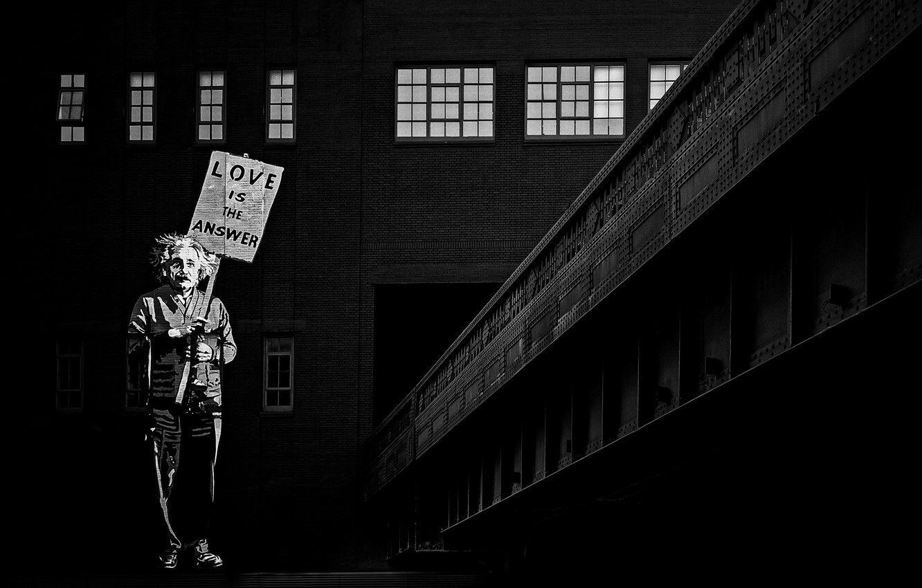 1332x850 Wallpaper love, wall, graffiti, the building, wall, love, graffiti, Einstein, Einstein, building, the answer, answer, Ute Scherhag image for desktop, section ситуации