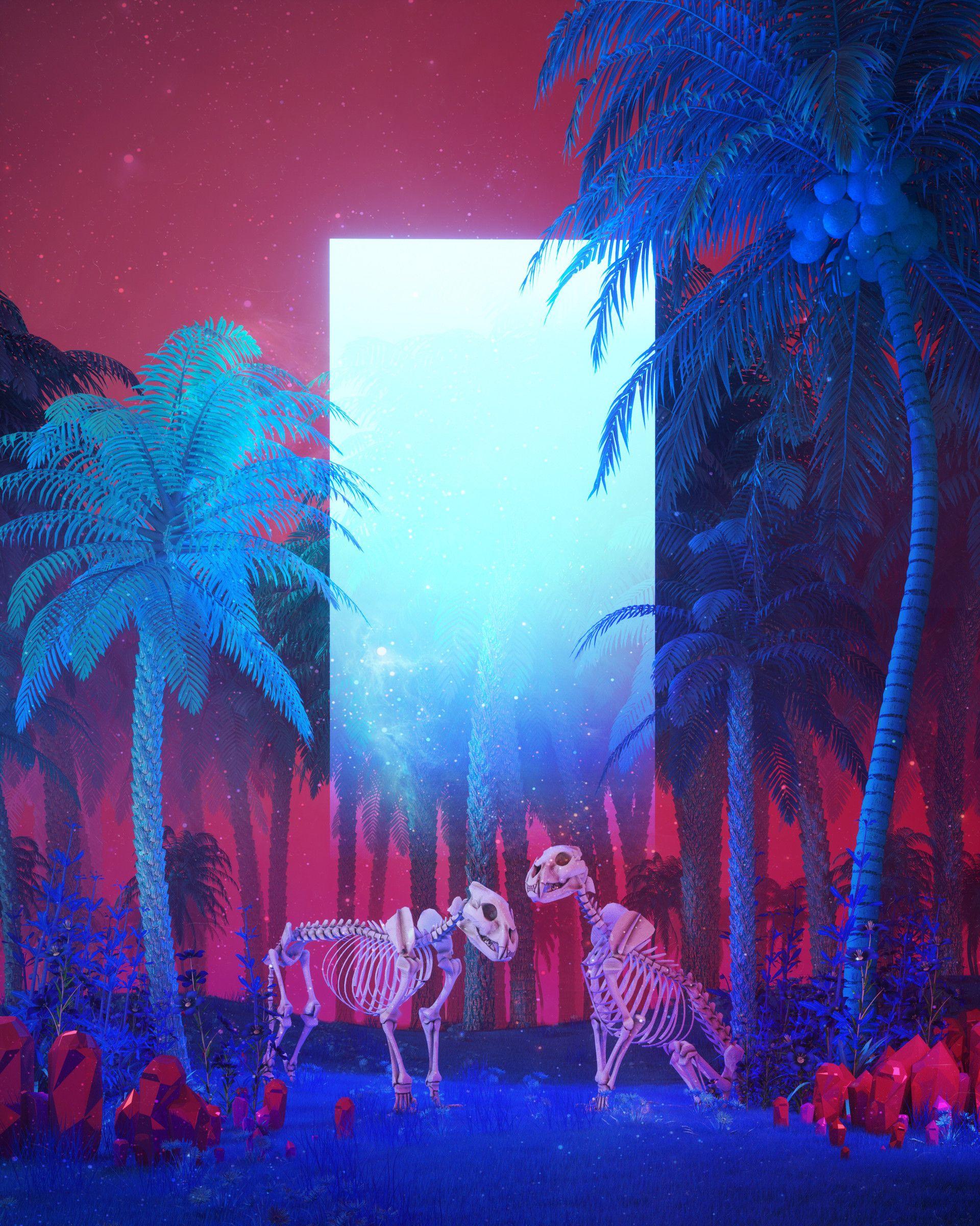 1920x2400 #skeleton, #Monolith, #render, #landscape, #beeple, #neon, #plants, #dead, #trees, wallpaper. Mocah HD Wallpaper