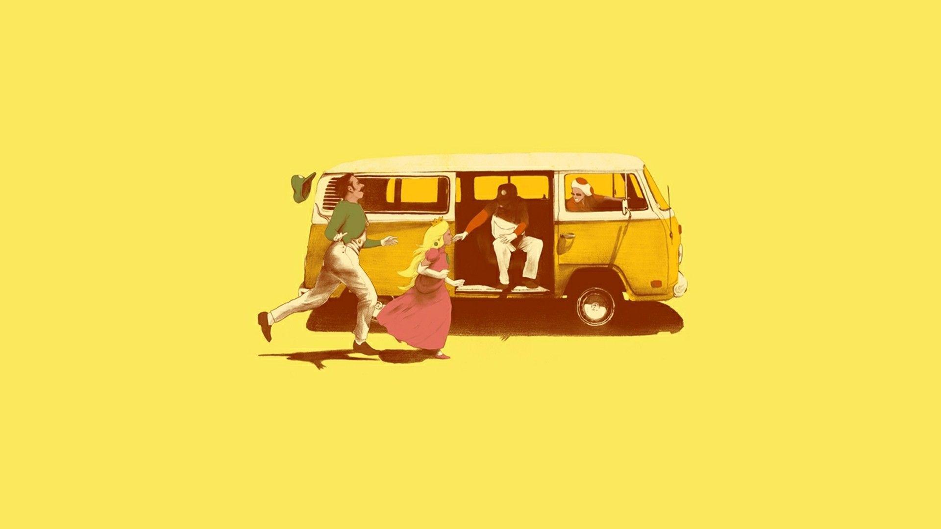 1920x1080 Download wallpaper humor Collage with tags: Hot, Lock screen, macOS, Little Miss Sunshine, Mario, VW Bus
