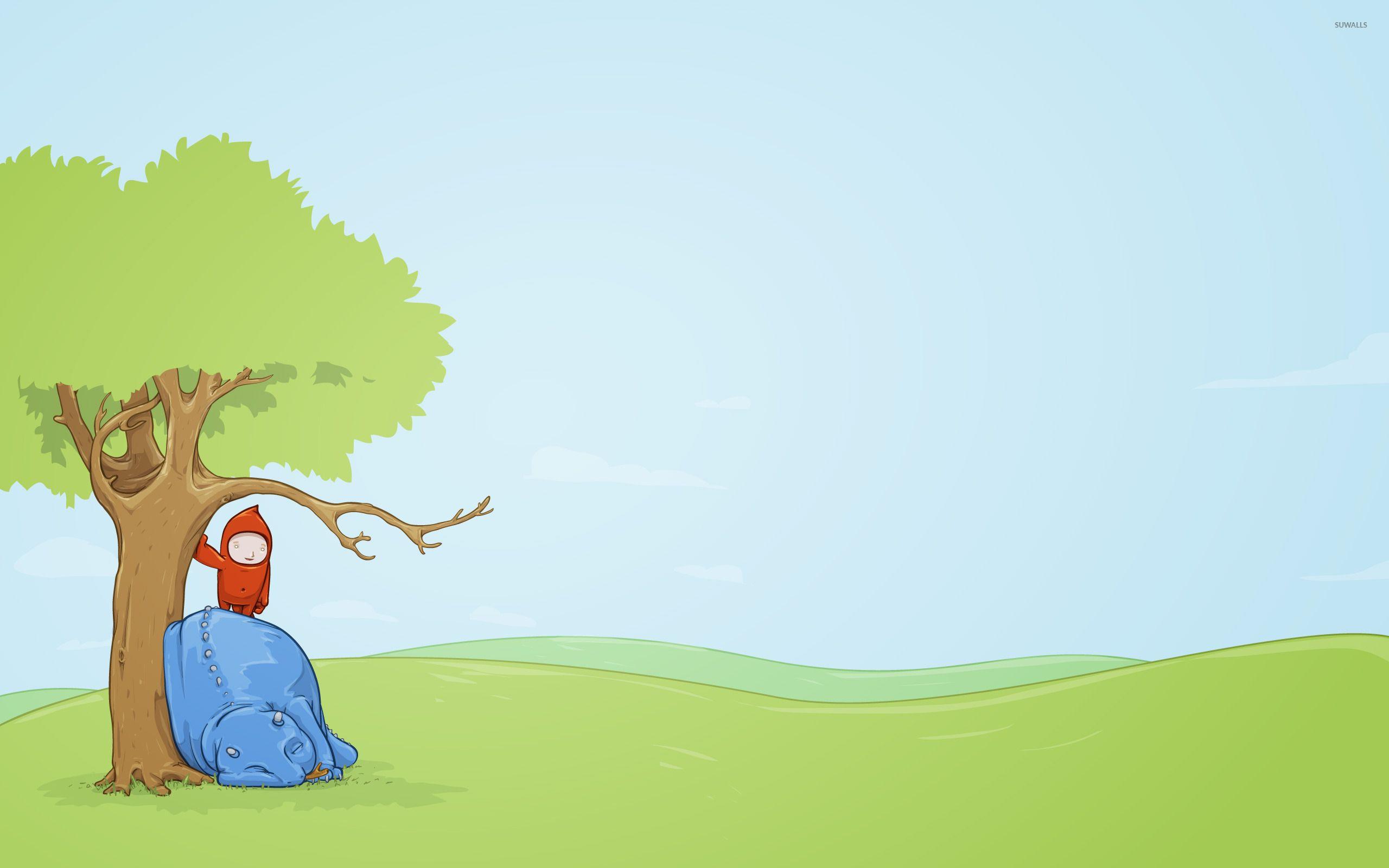 2560x1600 Little boy with his pet under a tree wallpaper wallpaper