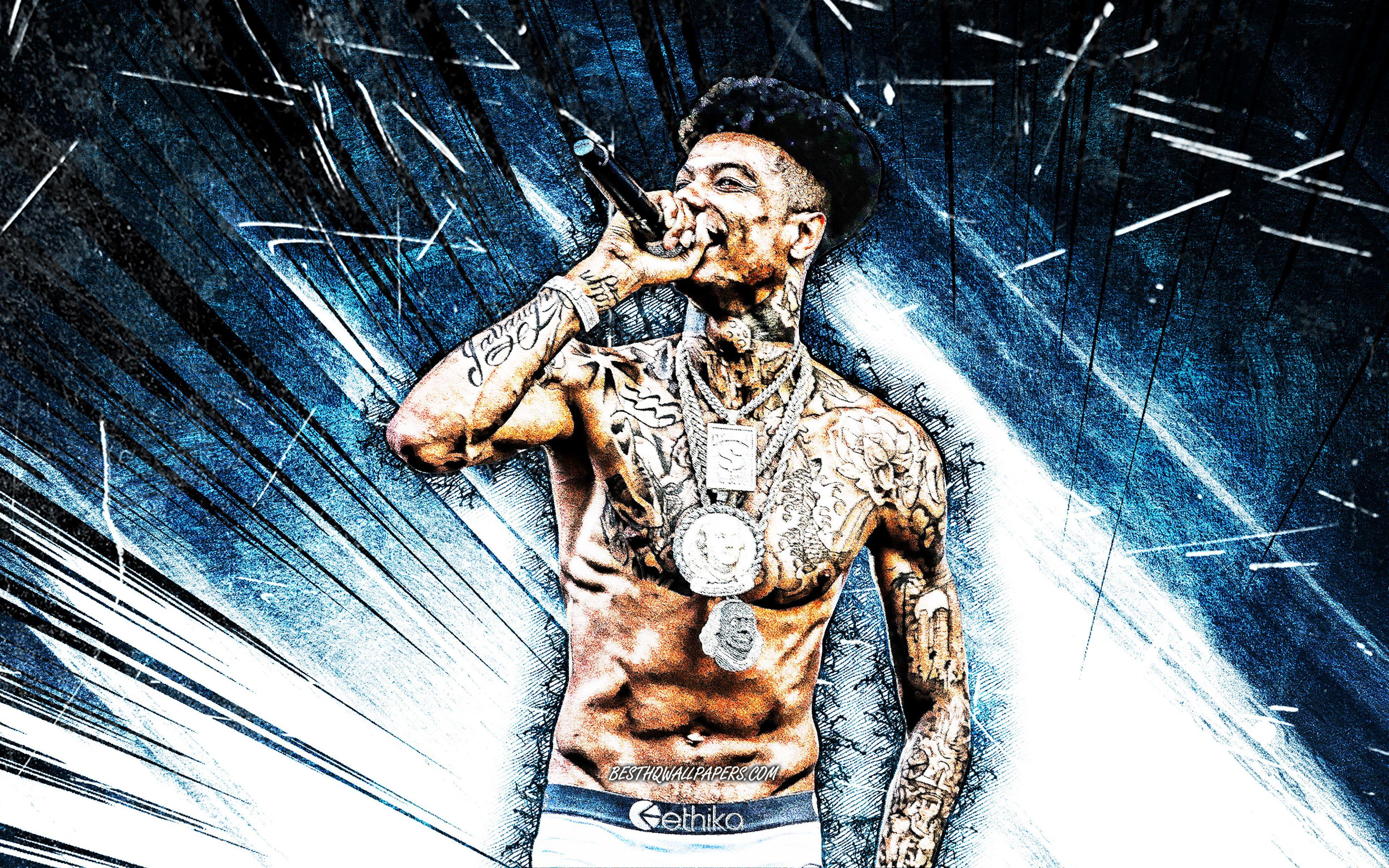 3840x2400 Download wallpaper 4k, Blueface, grunge art, american rapper, music stars, Migos, Blueface with microphone, blue abstract rays, Johnathan Porter, american celebrity, Blueface 4K for desktop with resolution 3840x2400. High Quality HD picture